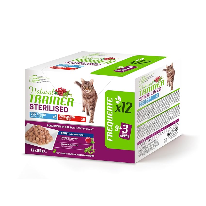 Natural Trainer Cibo Umido per Gatti Adulti Sterilizzati, Multipack Tonno e Manzo 12 x 85 g
