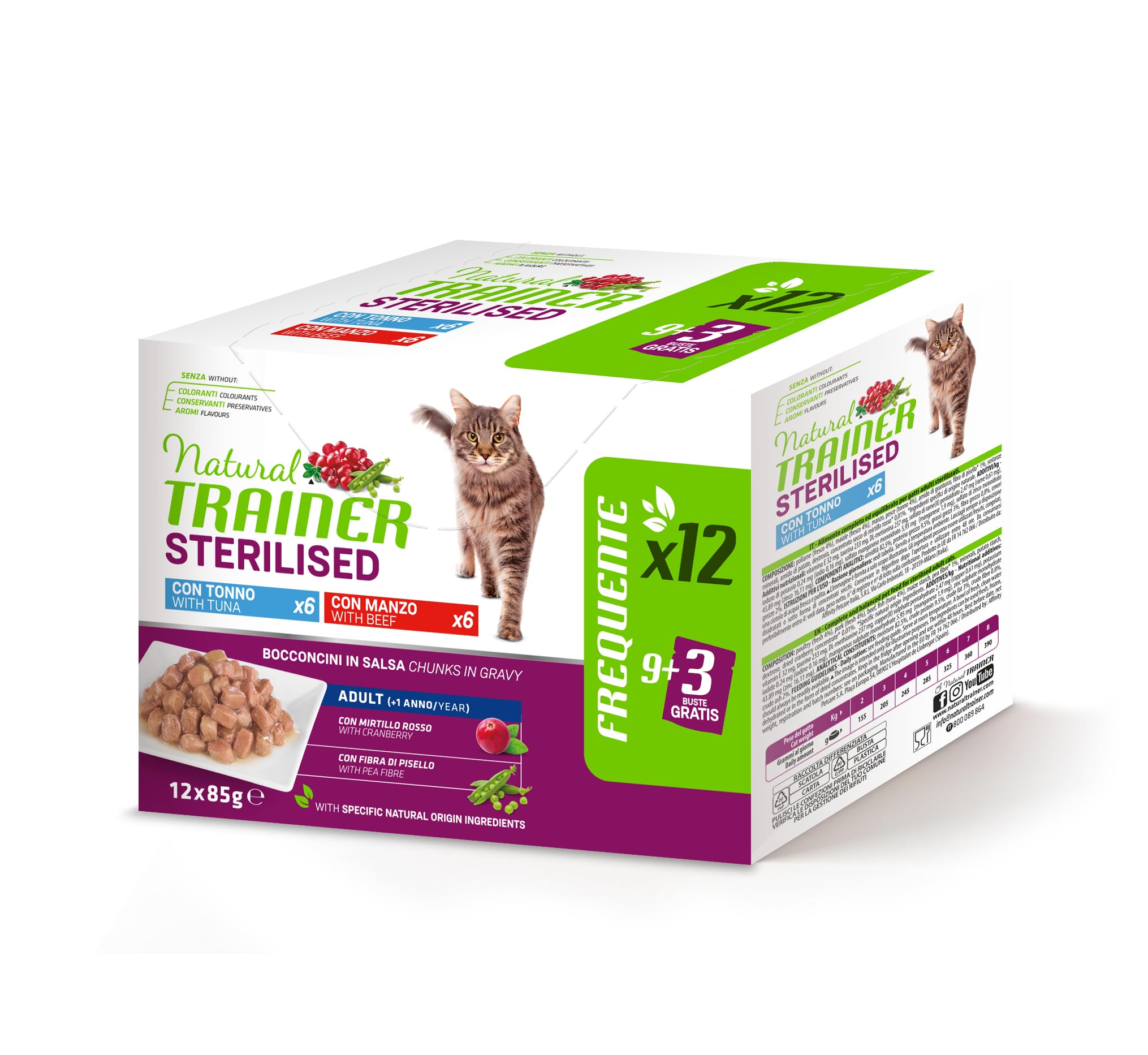 Natural Trainer Cibo Umido per Gatti Adulti Sterilizzati, Multipack Tonno e Manzo 12 x 85 g