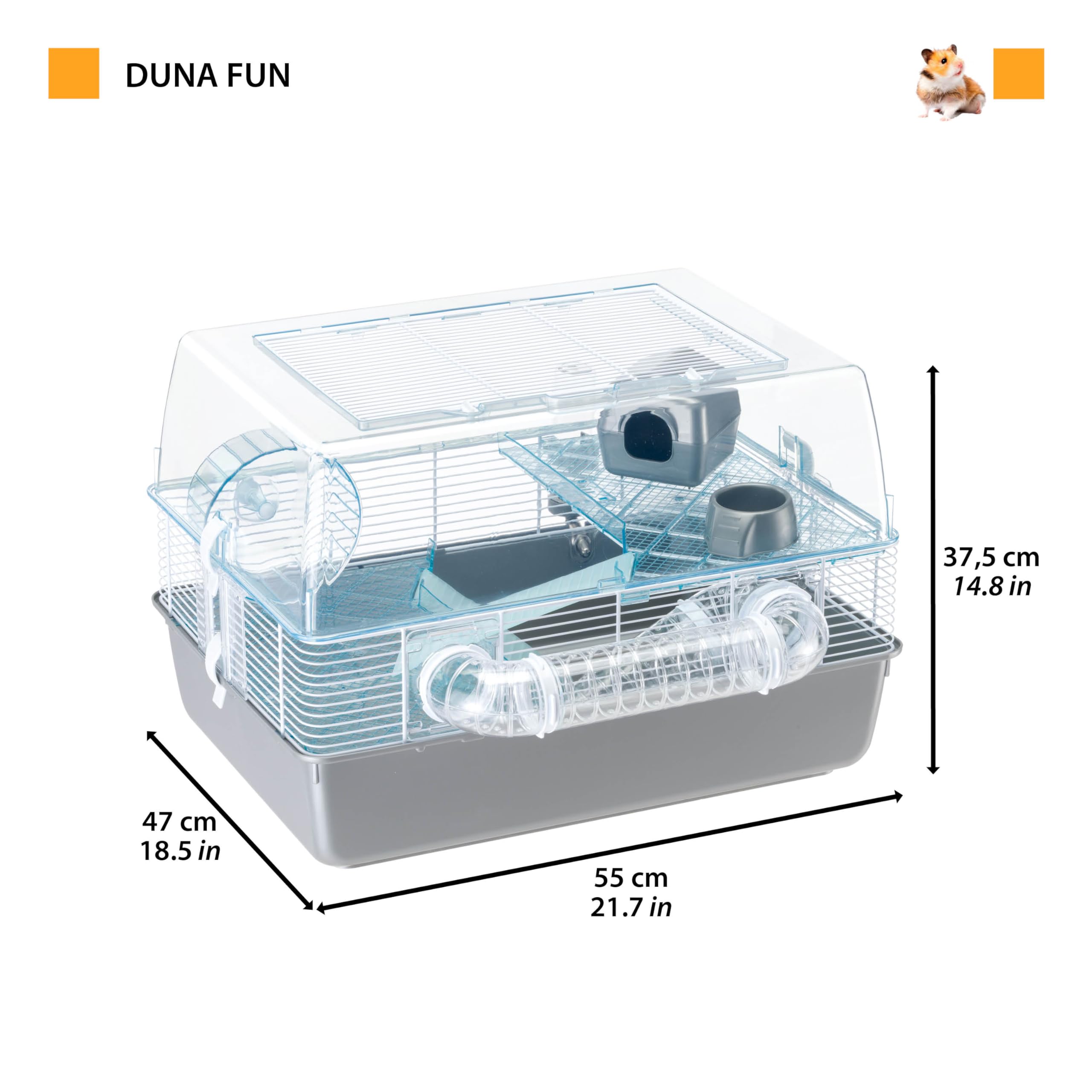 FERPLAST Gabbia Roditori DUNA FUN per Criceti, Topolini, in Plastica e Metallo, Accessori inclusi: Mangiatoia, Beverino, Casetta, Ruota, Scaletta, Ripiani, Set Tubi. 55x47xh37,5cm