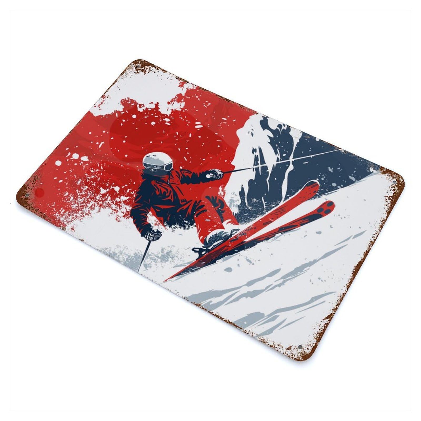 Decorative Tin Sign Ski Skiing 11.8"x7.9", Vintage Wall Decor for Pub, Kitchen And Man Cave Decor