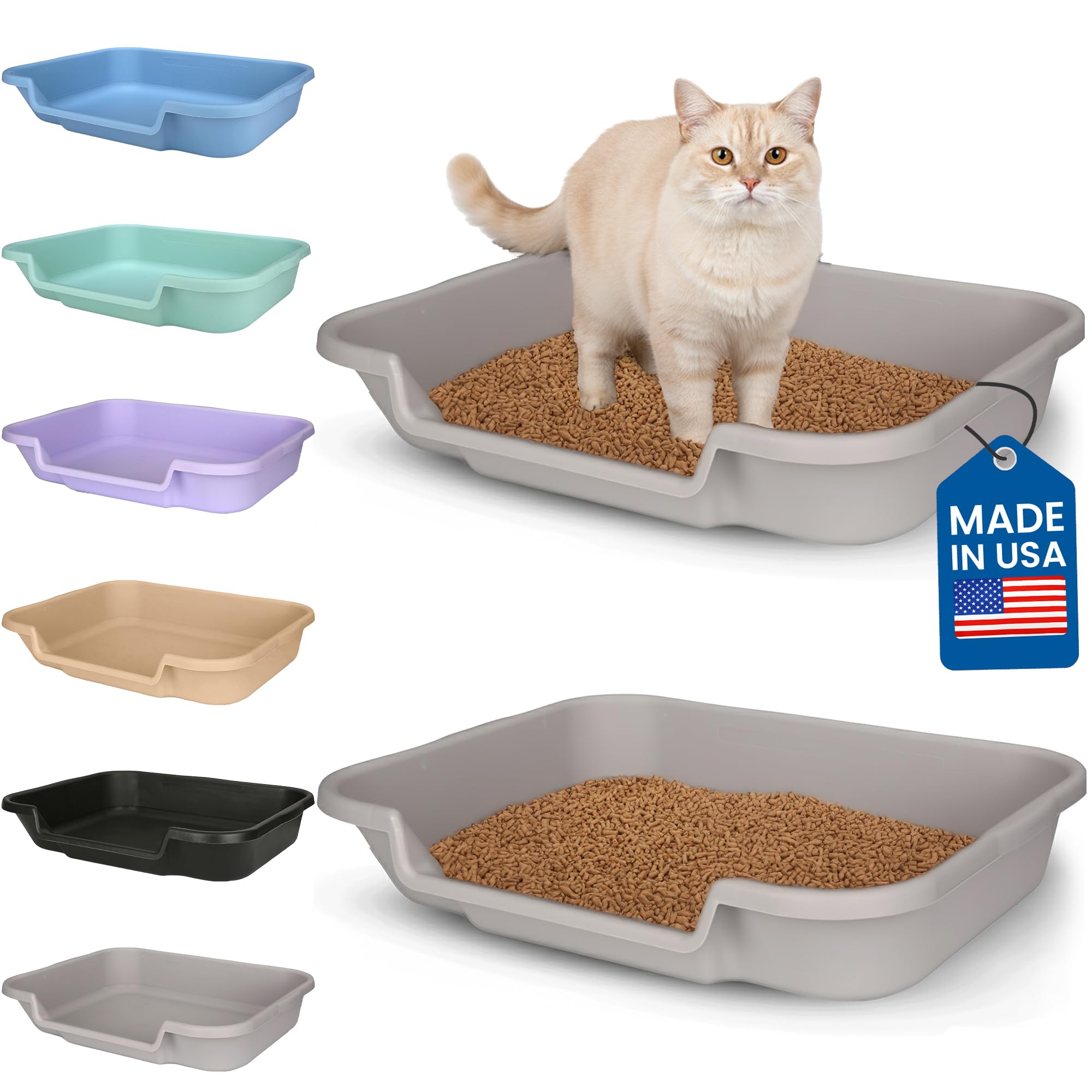 KittyGoHere Senior Cat Litter Box, Large Litter pan, Open Top Low Entrance Kitty Litter Box, Lightweight Low Entry Litters Box, Durable, Made in USA (2 Pack - Misty Gray)