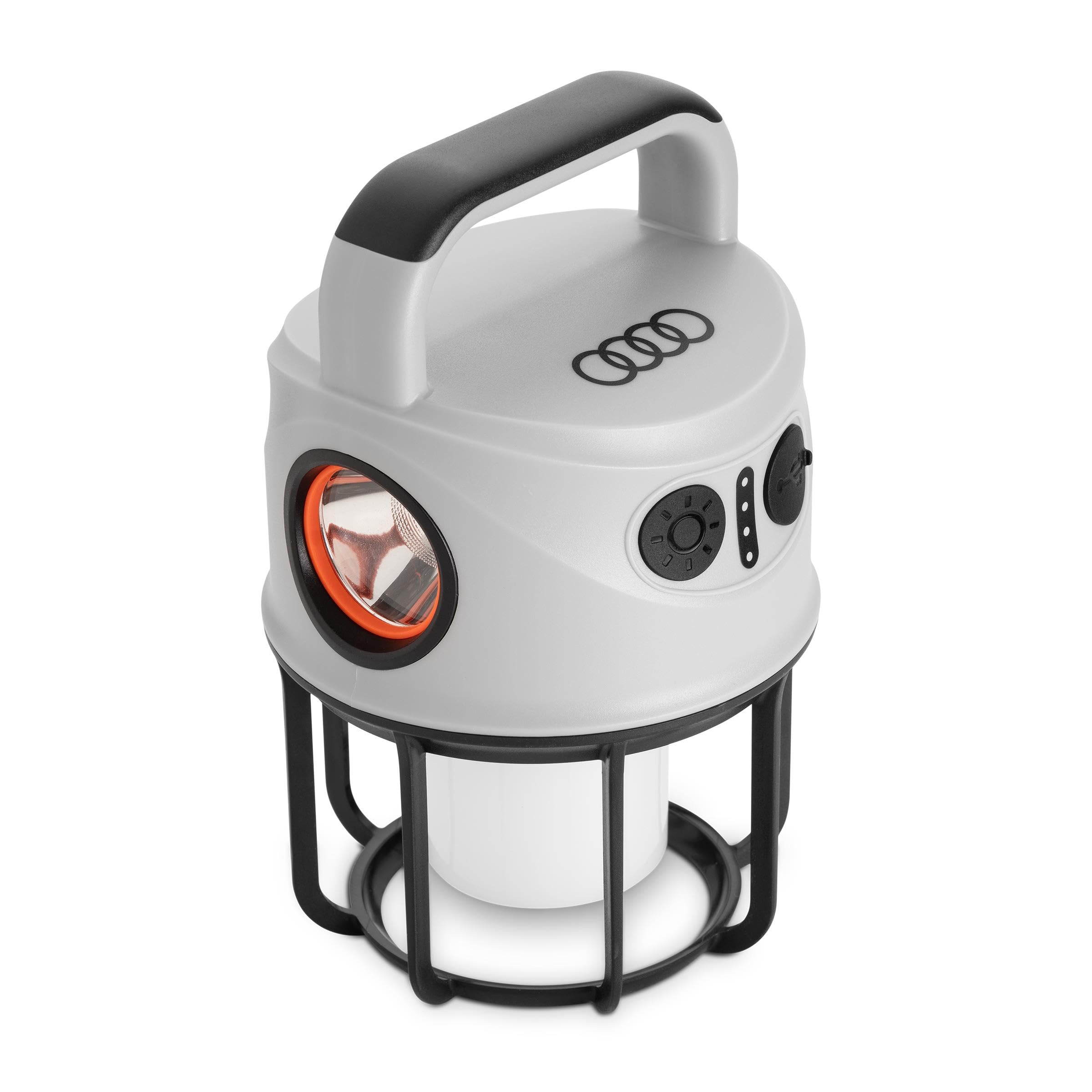 Audi Outdoor Lampe mit Powerbank, SMD/OSRAM 3W LED, Hellgrau/Schwarz mit orangem Akzent, Akku-betrieben, Kunststoff, 10x10x17cm, 4000mAh USB-C, 250 Lumen, 258g
