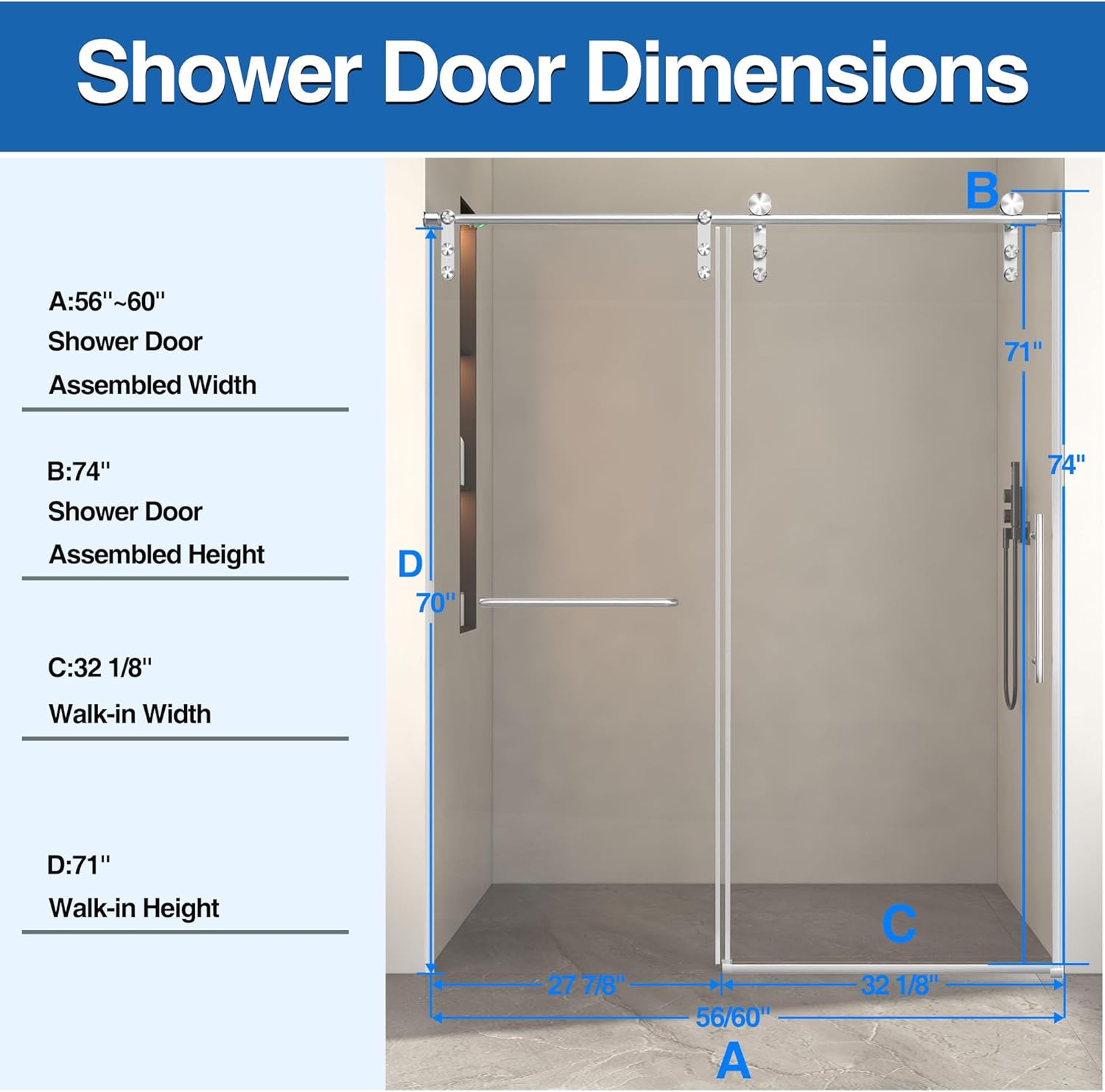 56-60 in.W × 74 in.H Shower Door, 5/16 in (8mm) Frameless Double-Sided Easy-Clean Double Glass, Buffers Sliding Shower Door, Can be Installed Left and Right, Brushed Nickel