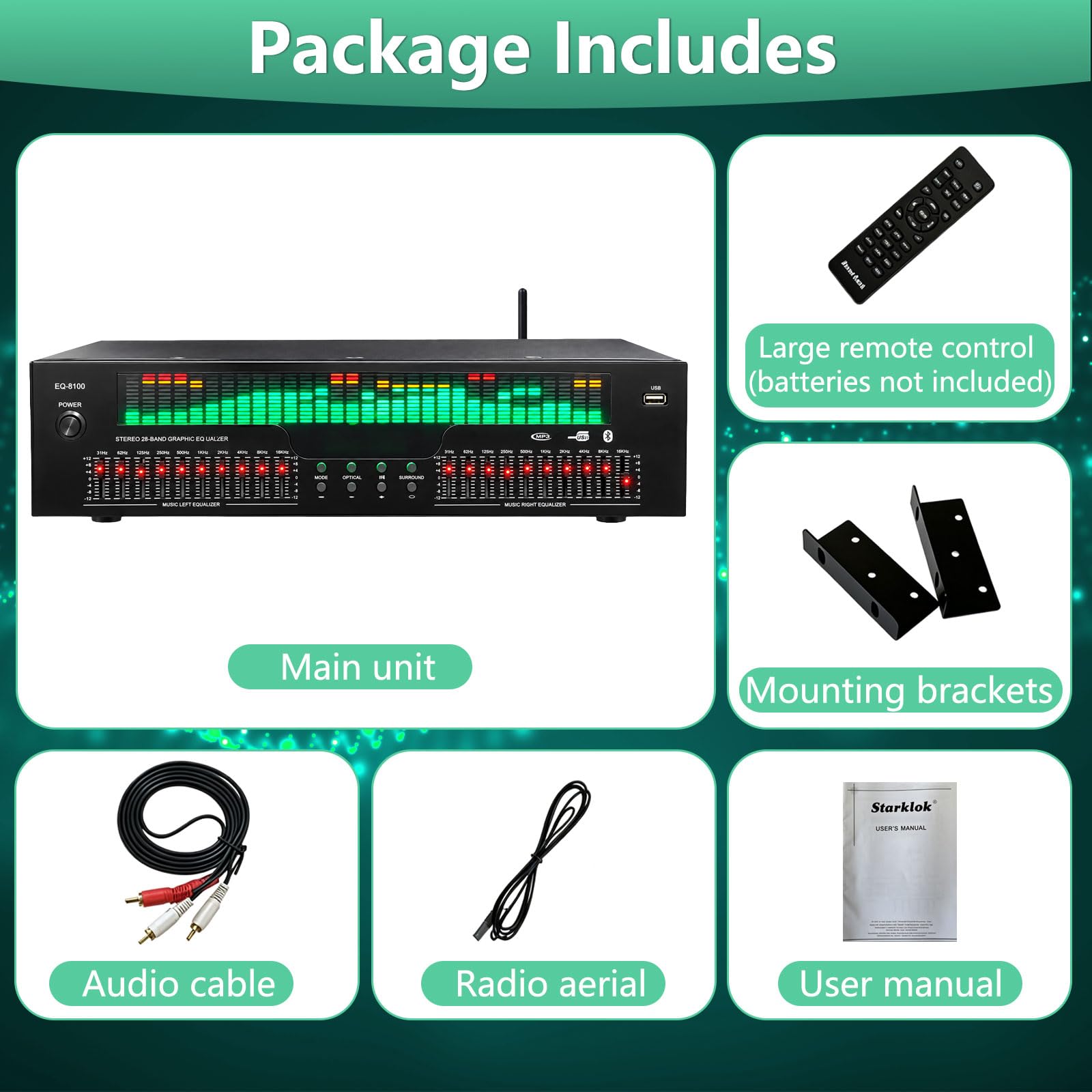 31 pasm korektora graficznego z wyświetlaczem widma LED, 12 wzorów rytmicznych | Podwójny 10-segmentowy niezależny tuning, Bluetooth 5.3 Optical Coaxial Digital Audio Decoding, do stadionu, studia nagrań