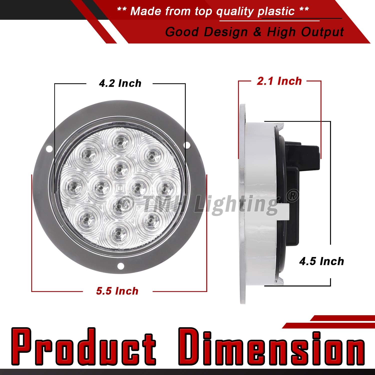 TMH (Pack of 4 Clear Lens Red LED 4 Inch Round Trailer Tail Lights with Chrome Bezel F3 Piranha 12 LED for Truck Bus Lorry Trailer 12V DC