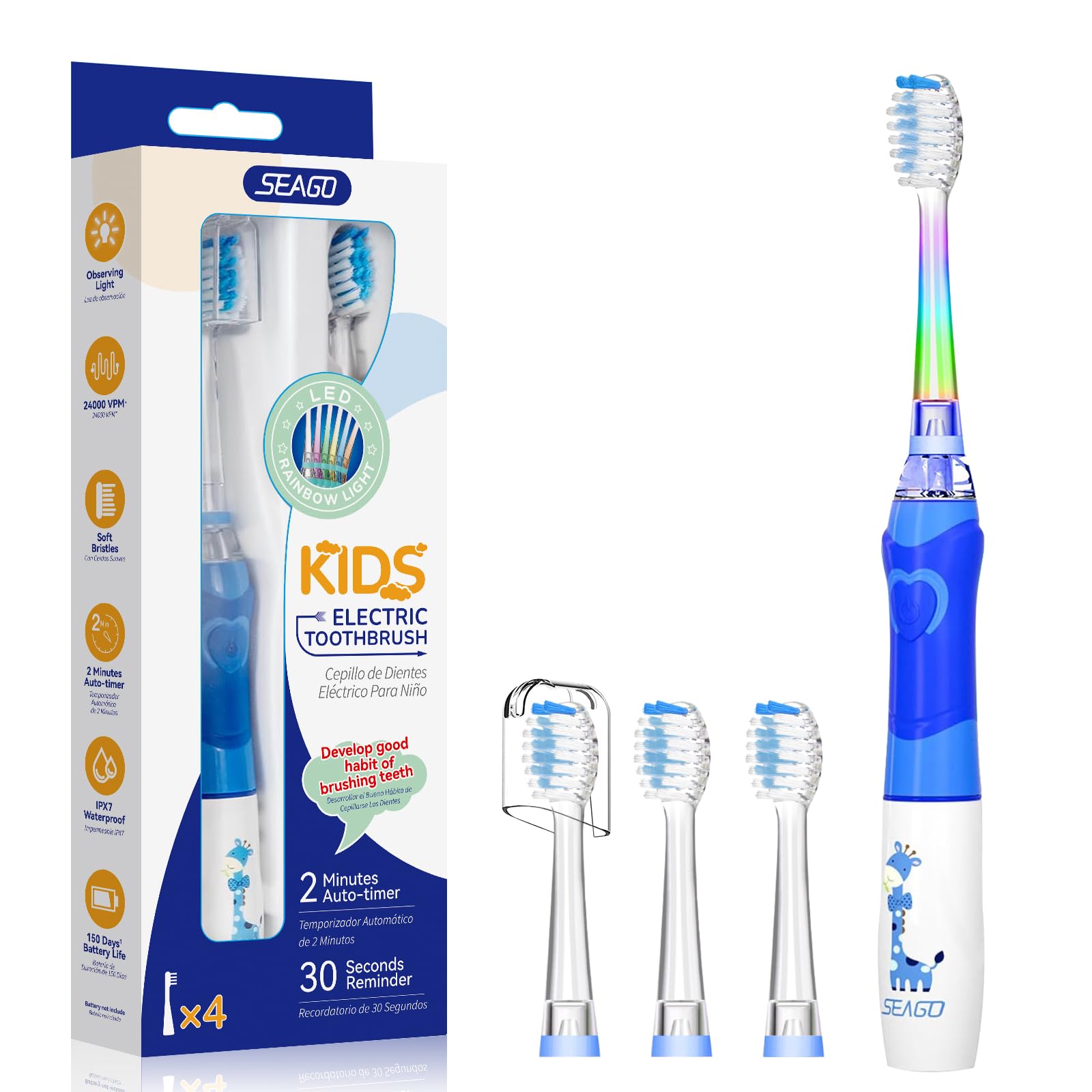 Seago Cepillo de Dientes Infantil Eléctrico Para Niños 3–12 Años Kids Con Luz de Colores,Temporizador Inteligente de 2 minutos,4 Cabezales Suaves SG-EK6/SG-977 (Rosa) — view 21