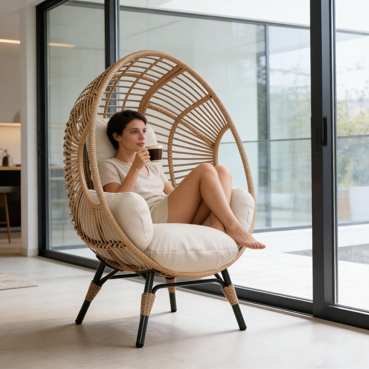 Egg Chair Wicker with 8-Inch Cushion, 400lbs Capacity, Rust-Resistant Frame, Indoor Outdoor Balcony Chairs(Natural)