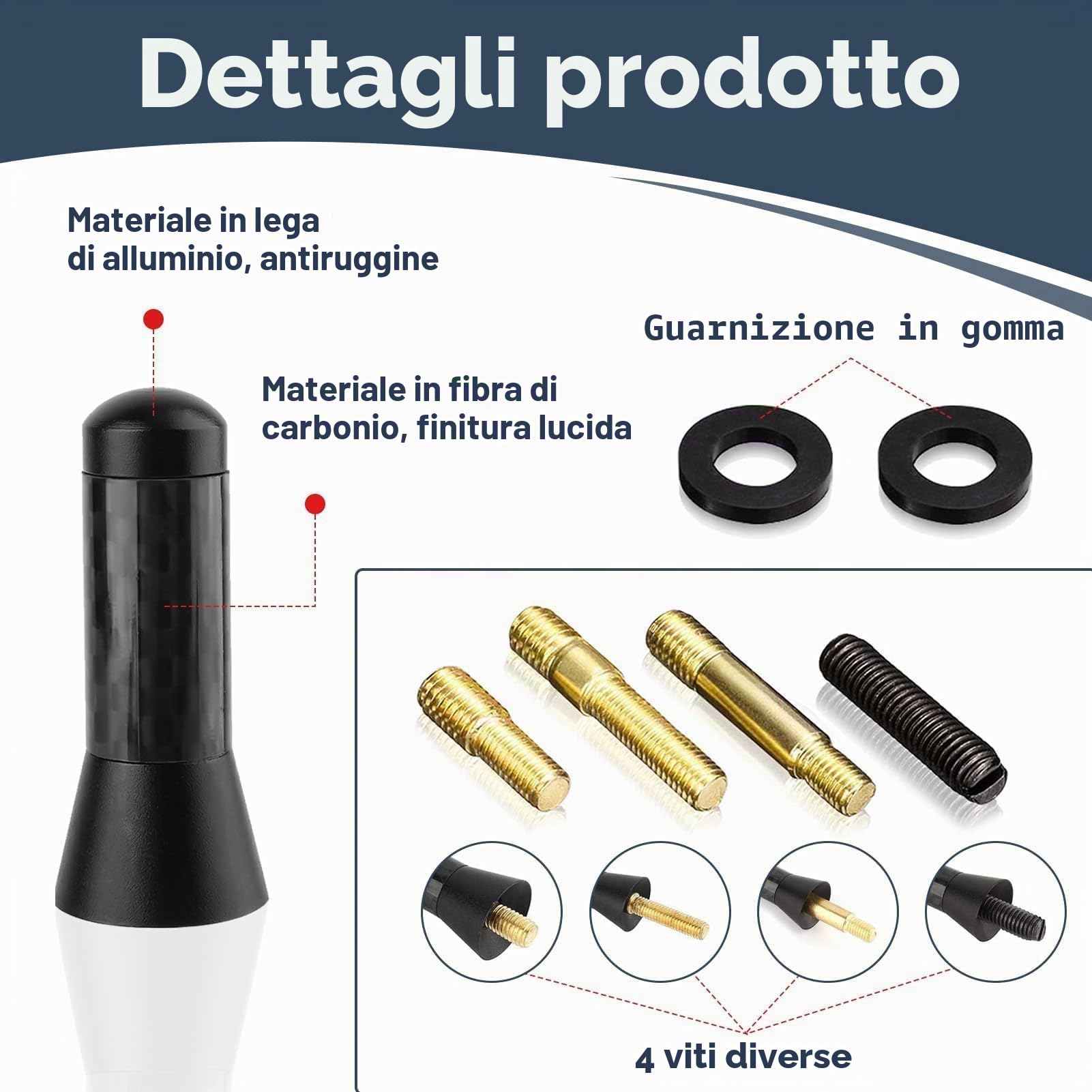 Asta Antenna Auto Universale Da 23 Cm Per FM/AM/DAB – Sostituzione Con Adattatori M4, M5, M6, Robusta In Acciaio E Gomma - 3