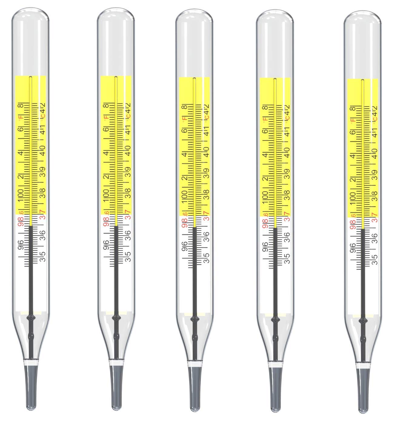 Mercury-Free Glass Oral Thermometers Dual C/F Scale 5-Pack - Traditional Clinic Style