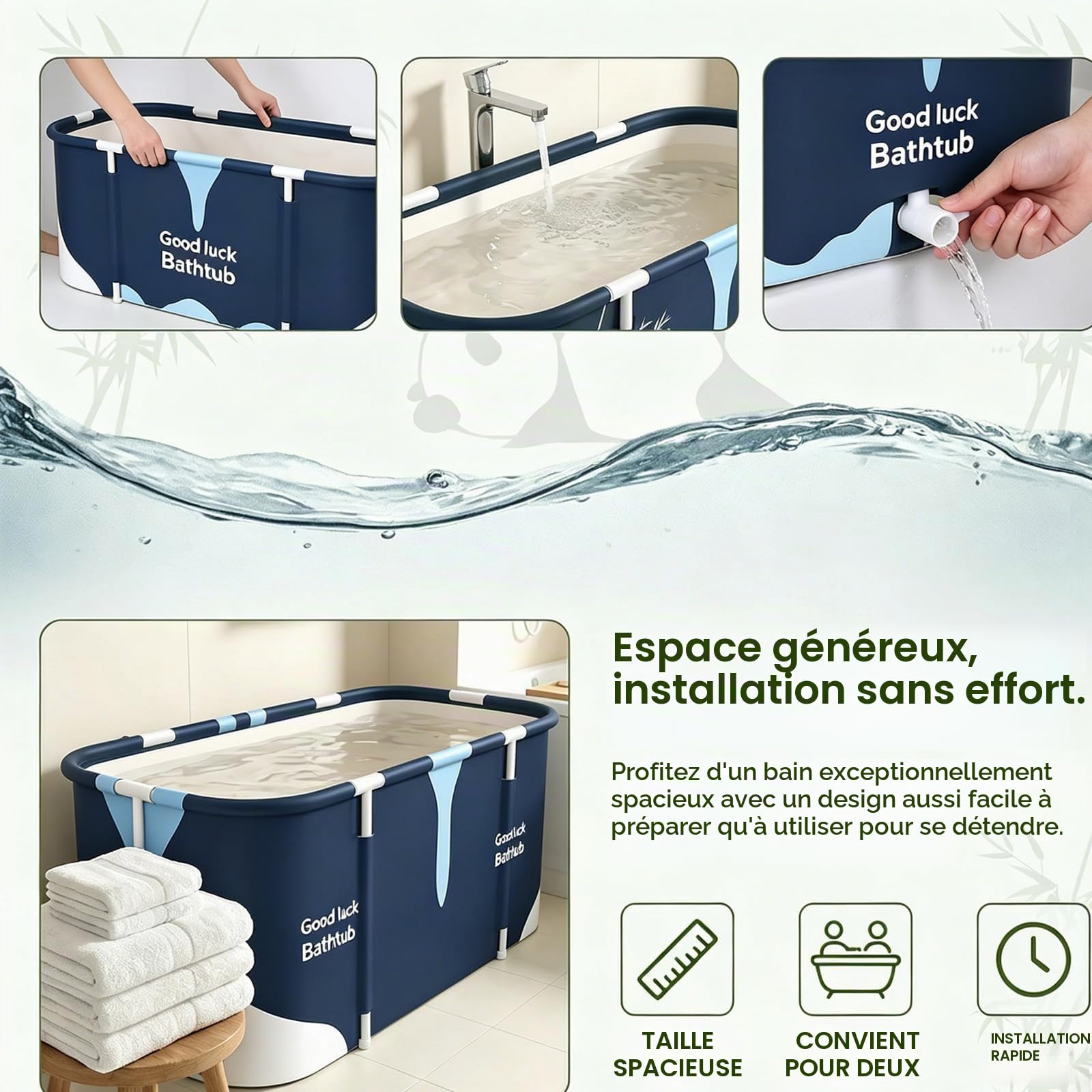 Baignoire portable 140 cm x 60 cm x 55 cm, baignoire familiale pliable pour adultes, baignoire spa pour la salle de bain et la cabine de douche