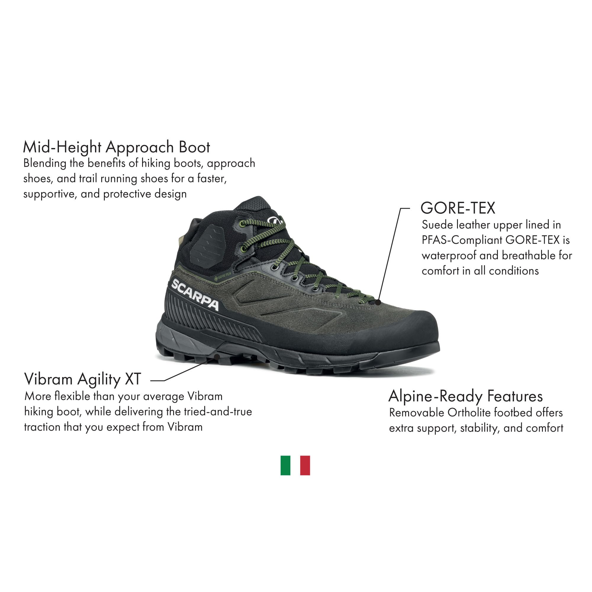 SCARPA Men's Rapid XT Mid GTX Waterproof Gore-Tex Leather Hiking & Approach Boots - Shark/Military - 10.5 Men/11.5 Women