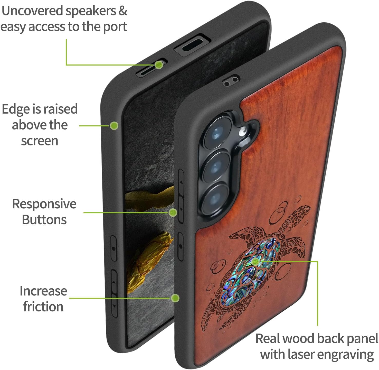 Carveit Magnetic Wooden Case for Samsung Galaxy S25 Case, Wood Artisan Engraved & Handmade Shell Inlaid, Compatible with MagSafe Wireless Chargers (Sea Turtle) Rosy