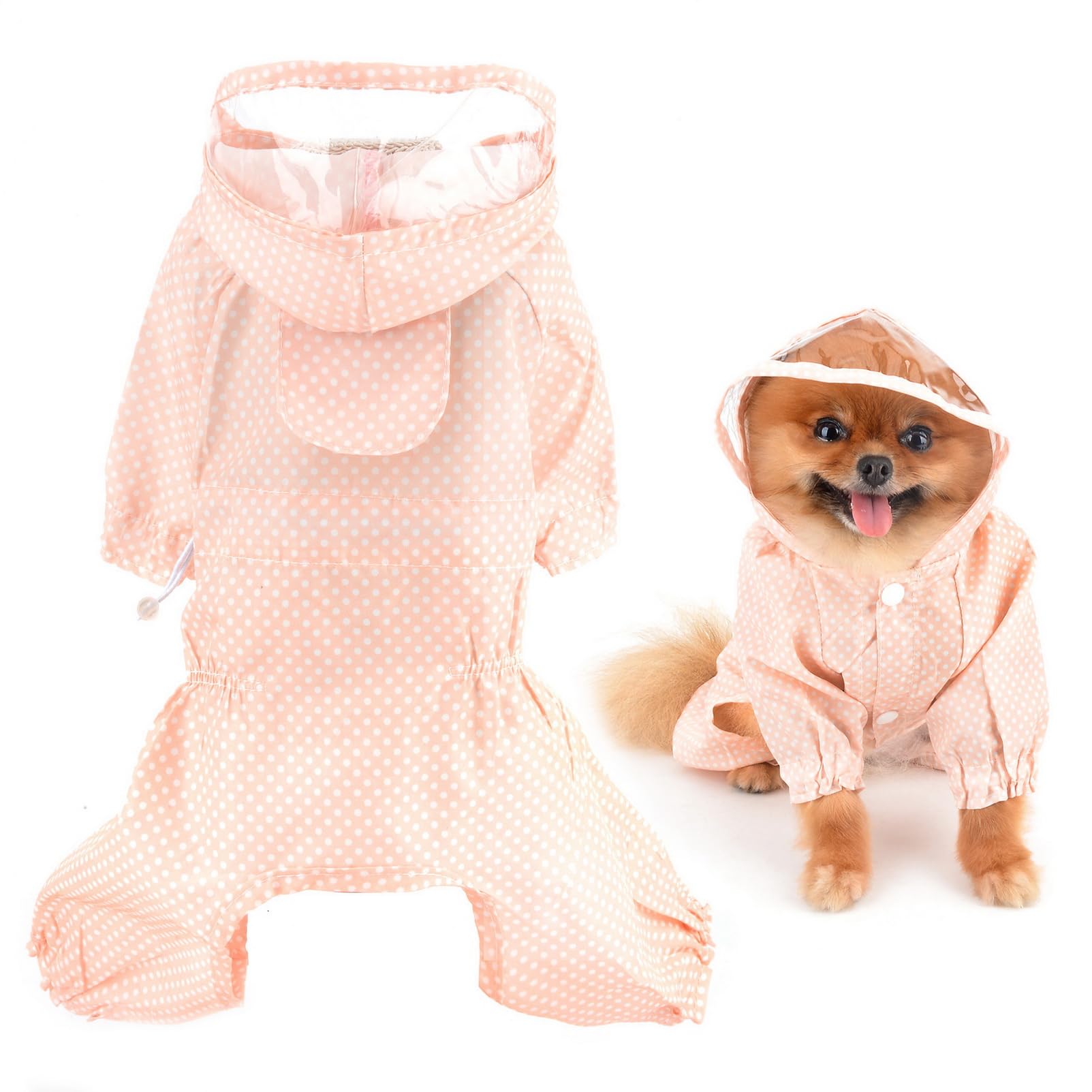 SMALLLEE_LUCKY_STORE Cute Polka Dot Raincoat for Small Dogs with Hood and Harness Leash Hole Puppy Botton Down Rain Jacket Full Boby 4 leg Jumpsuit Waterproof Lightweight Clothes,Pink,3XL