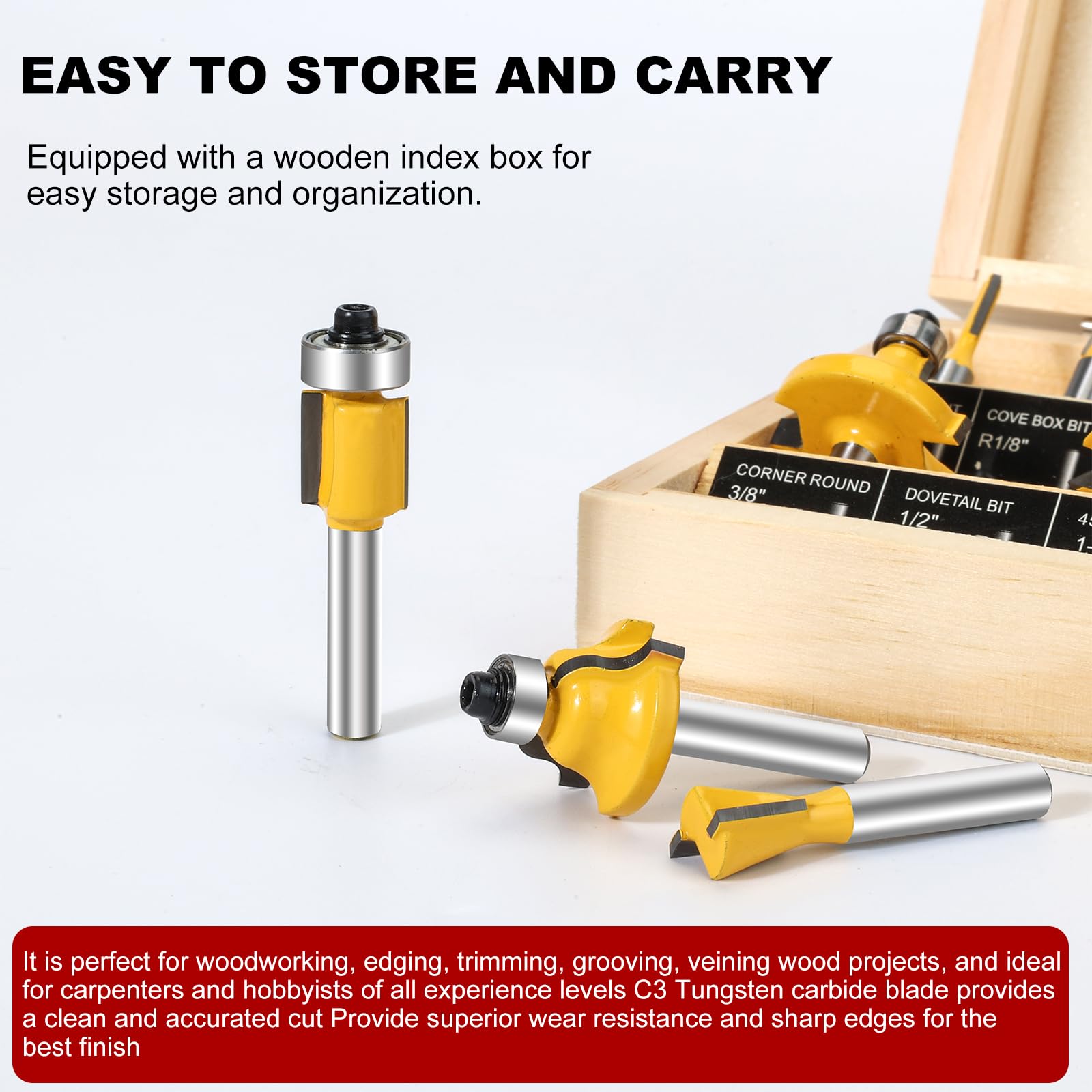 Set di punte per fresa con gambo da 1/4", 15 pezzi da 1/4 di pollice, in carburo di tungsteno, strumenti per la lavorazione del legno per porte, tavoli, scaffali, armadi, falegnameria