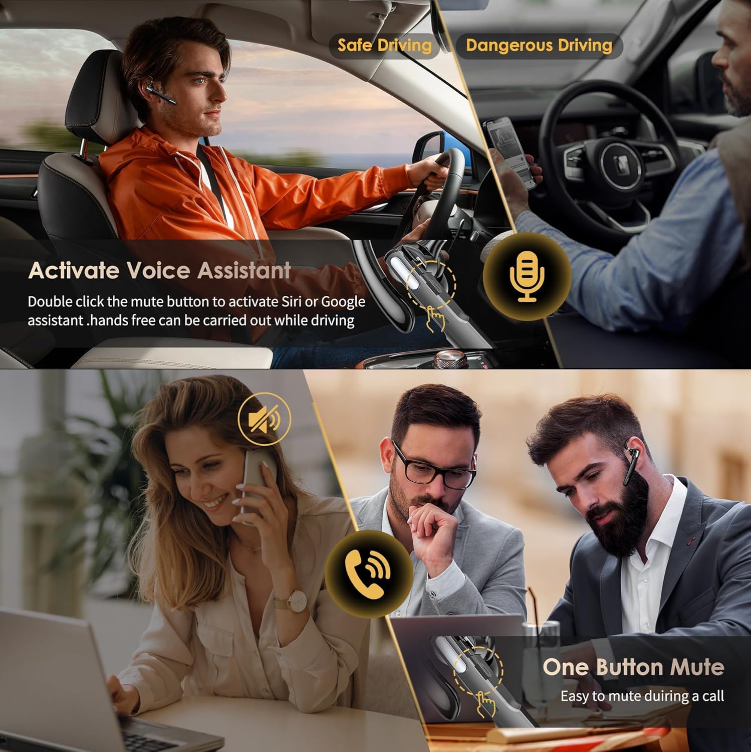 SneKa Auricolare Bluetooth, Bluetooth 5.3, CVC6.0 avanzato, microfono con cancellazione del rumore aggiornato e pulsante muto, compatibile con iOS/Android, progettato per camionisti, palestra e affari