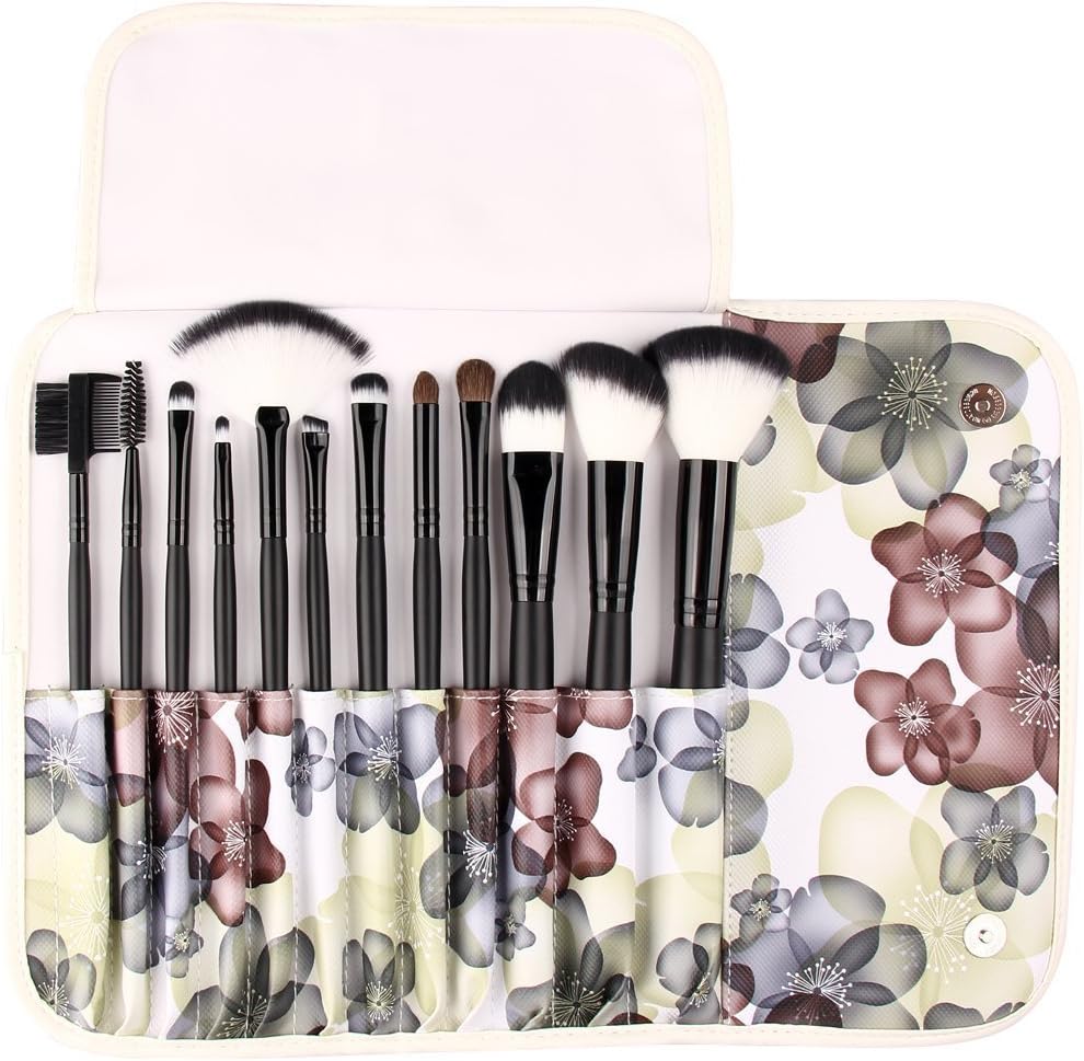 UNIMEIX Makeup Brushes 12 Pieces Synthetic Makeup Brush Set Foundatipn Powder Concealer Blending Eyeshadow Brush With Flora Leather Bag (Black)