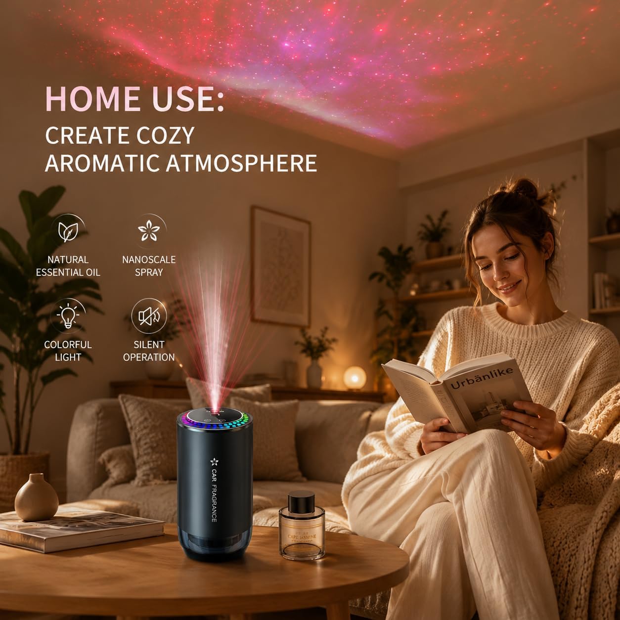 Car Diffuser Waterless with Nebulizing Technology, Smart Home Scent Machine, Essential Oil Aromatherapy for Auto & House, Starry Atmosphere Lamp, Battery Operated（Gardenia Fragrance）