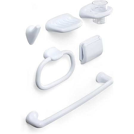 Tatay Estuche 6 Piezas de Accesorios para el baño, Fabricados en plástico Resistente, Blanco Acabado Brillante: Portarrollos, toallero Barra, aro ...