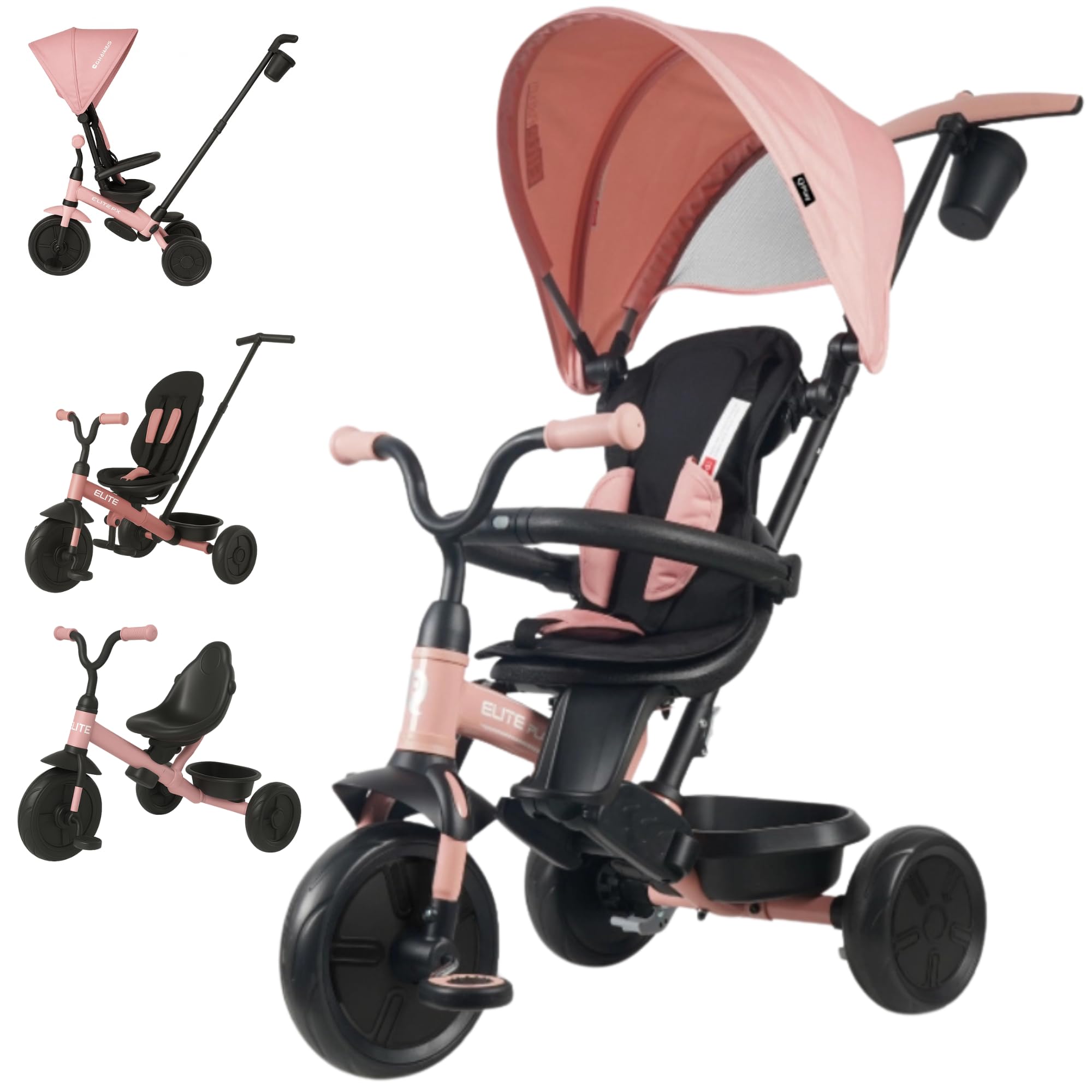 Qplay Elite Platinum Evolutionary Tricycle with 360° Rotating Seat for Children 10 to 36 Months, Parental Control, XL Hood, Footrest and Metal Frame, Colours Grey, Green and Pink