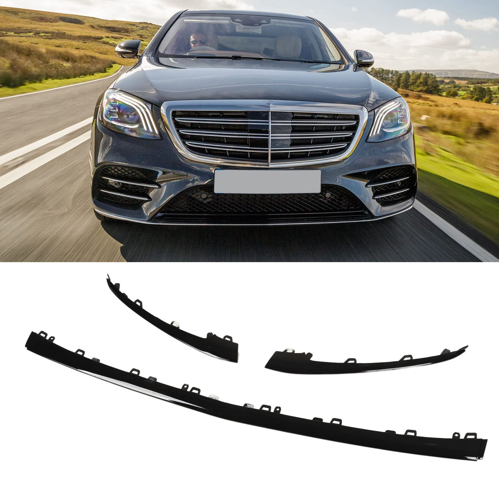 3 szt. Dolne Wykończenie Przedniego Zderzaka w Kolorze Czarnym Błyszczącym dla Klasy S W222 V222 Afit dla MG Line Facelift 2018-2020 Pakiet Nocny ABS + PC do Stylizacji Zewnętrznej Samochodu