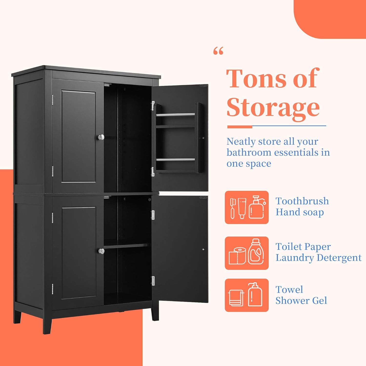 Bathroom Storage Cabinet with 4 Doors & Adjustable Shelves - 43.3" Tall Freestanding Floor Cabinet, Waterproof MDF, 99lb Capacity, Multi-Use for Bathroom/Office, Anti-Tip Design - Black