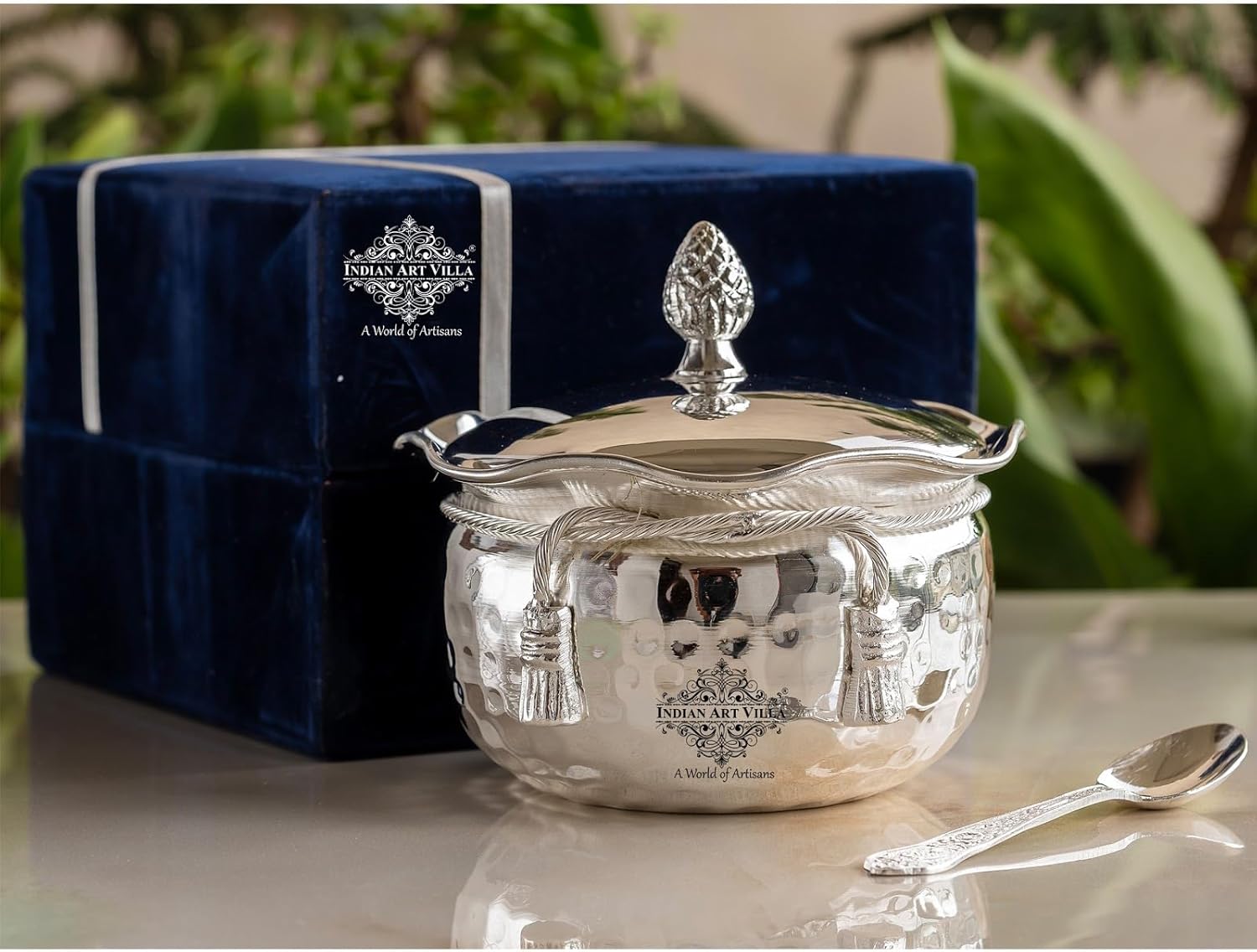 Indian Art Villa Silver-Plated Designer Bowl with Lid and Spoon Set – Elegant Giftware, Perfect for Weddings, Festivals, and Special Occasions