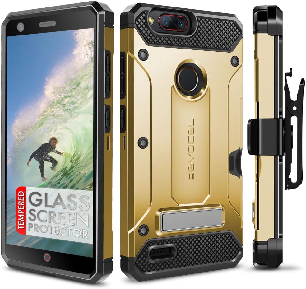 ZTE Blade Z Max Case, Evocel [Explorer Series Pro] Premium Dual Layer Credit Card Case with Glass Screen Protector & Magnetic Kickstand for ZTE Sequoia/ZTE Blade ZMax (Z982), Gold