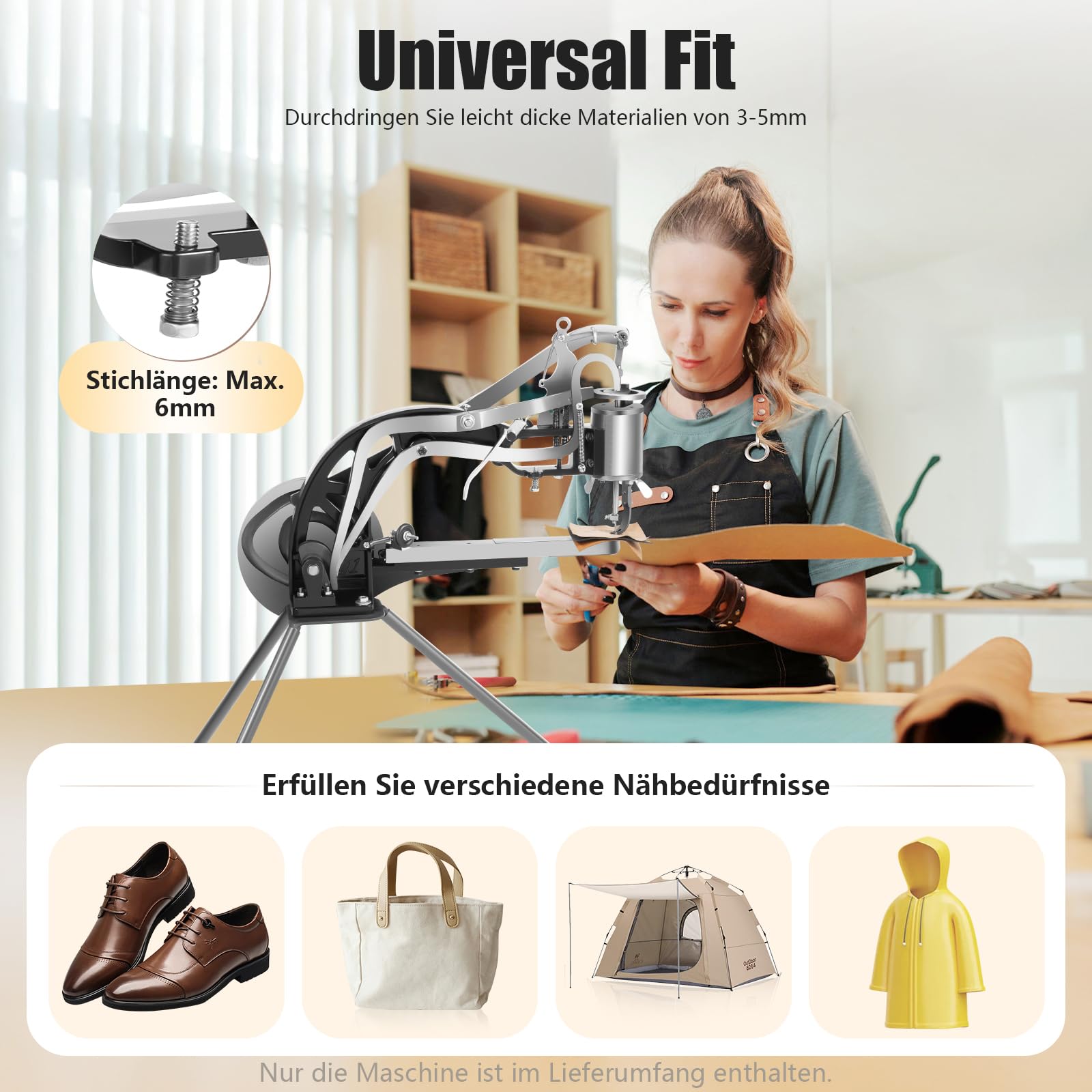 Handkurbel-Ledernähmaschine, manuelle Schusternähmaschine für Leder, Gummi und Segeltuch, max. 6 mm Stichlänge, 6 Lager, 8,2 kg – vielseitige Nähmaschine für Schuhe, Taschen und Zelte