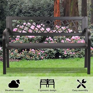 DKELI Sturdy Cast Iron Outdoor Garden Bench with Armrests - 480lbs Capacity, Rust-Resistant Metal Patio Park Seat, Black