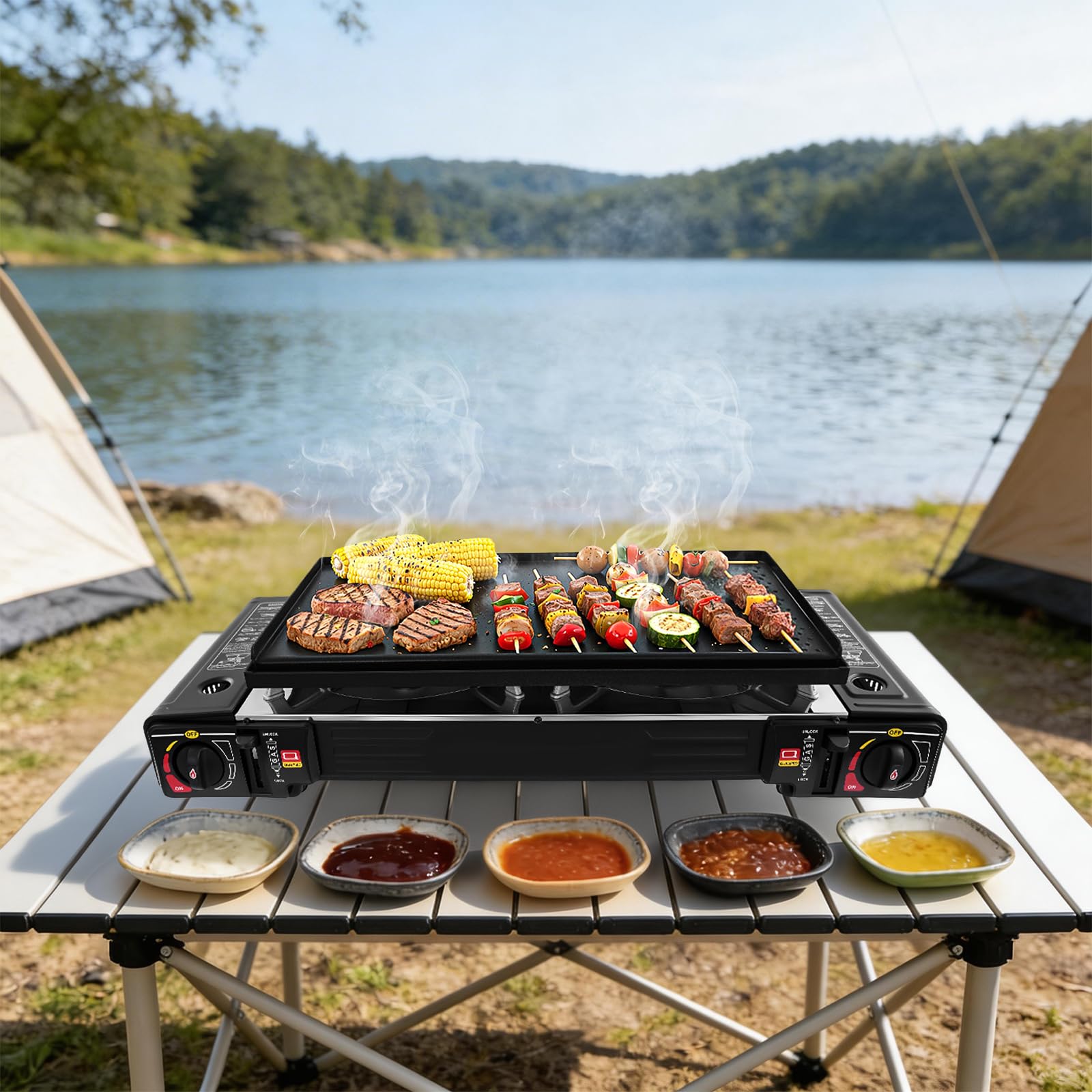 Fornello a gas 2 in 1, 2 fuochi, fornello da campeggio, piastra grill + borsa per il trasporto
