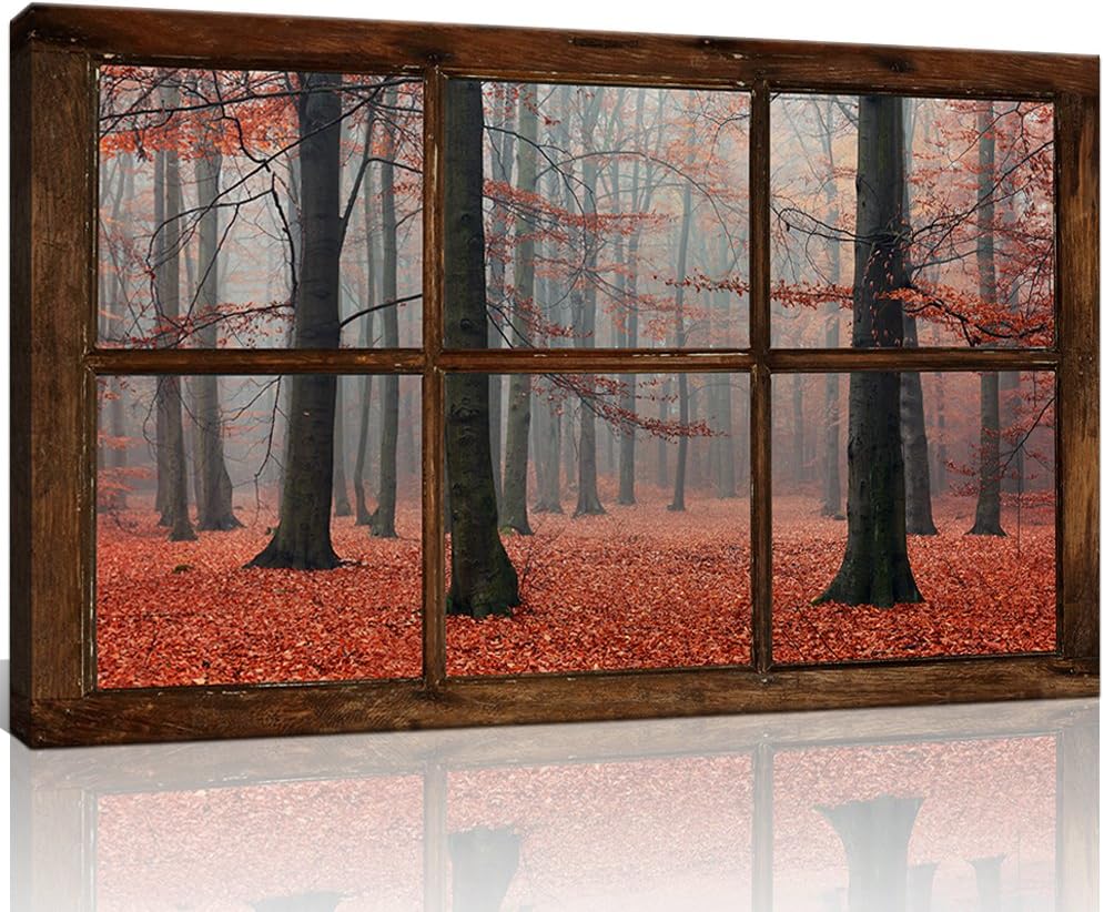 KLVOS Large Fake Window Picture Wall Decor Red Fall Tree Forest Landscape Wall Art Poster Prints Modern Home Living Room Decoration Framed and Ready to Hang 24"x40"(Not Real Window Wooden Frame,Only Print on Canvas