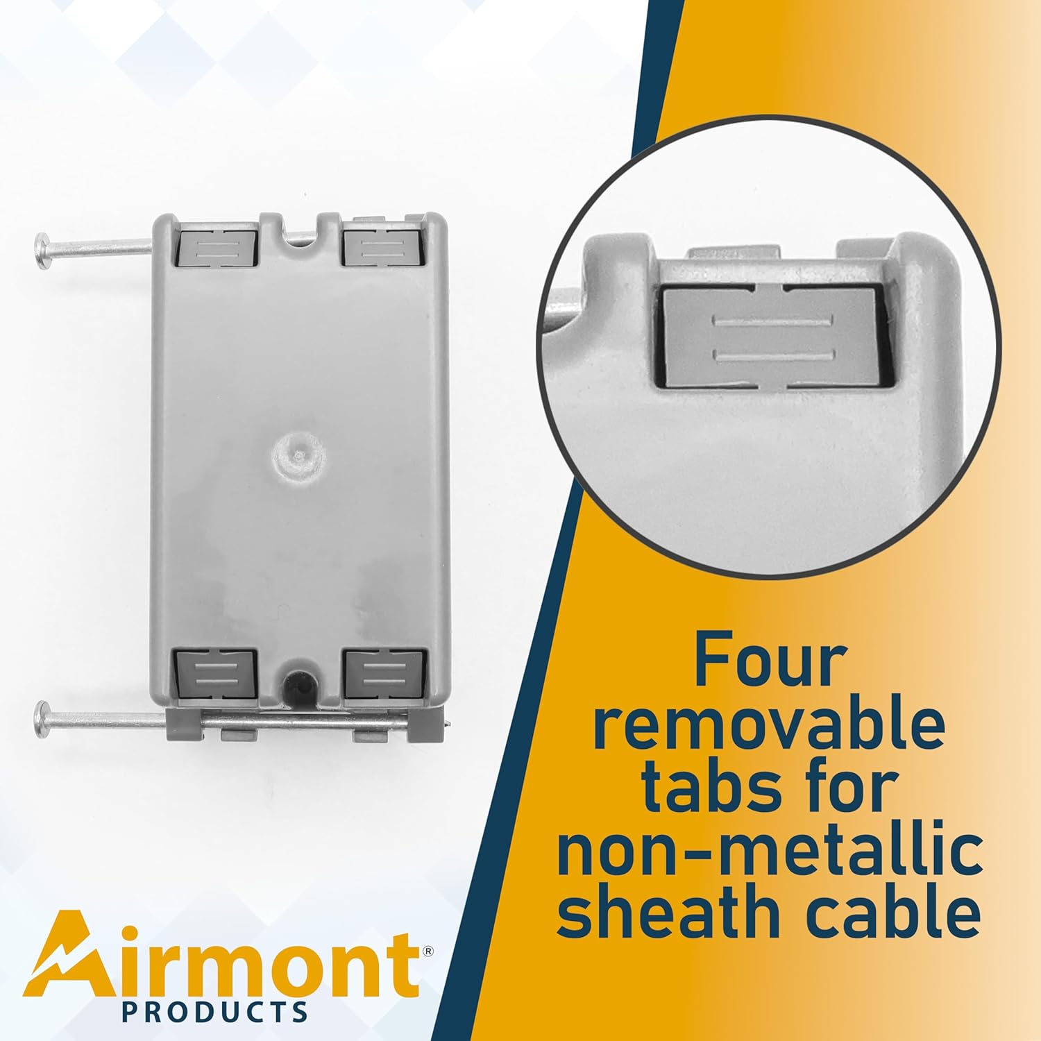 Plastic Electrical Box, Grey Outlet Box, Single Gang New Work Junction Box, Captive Nails, 18 cu. Inches, Length 3.75'', Width 2.25'', Depth 2.875'', 2 Hour Fire Rated Electrical Outlet Box
