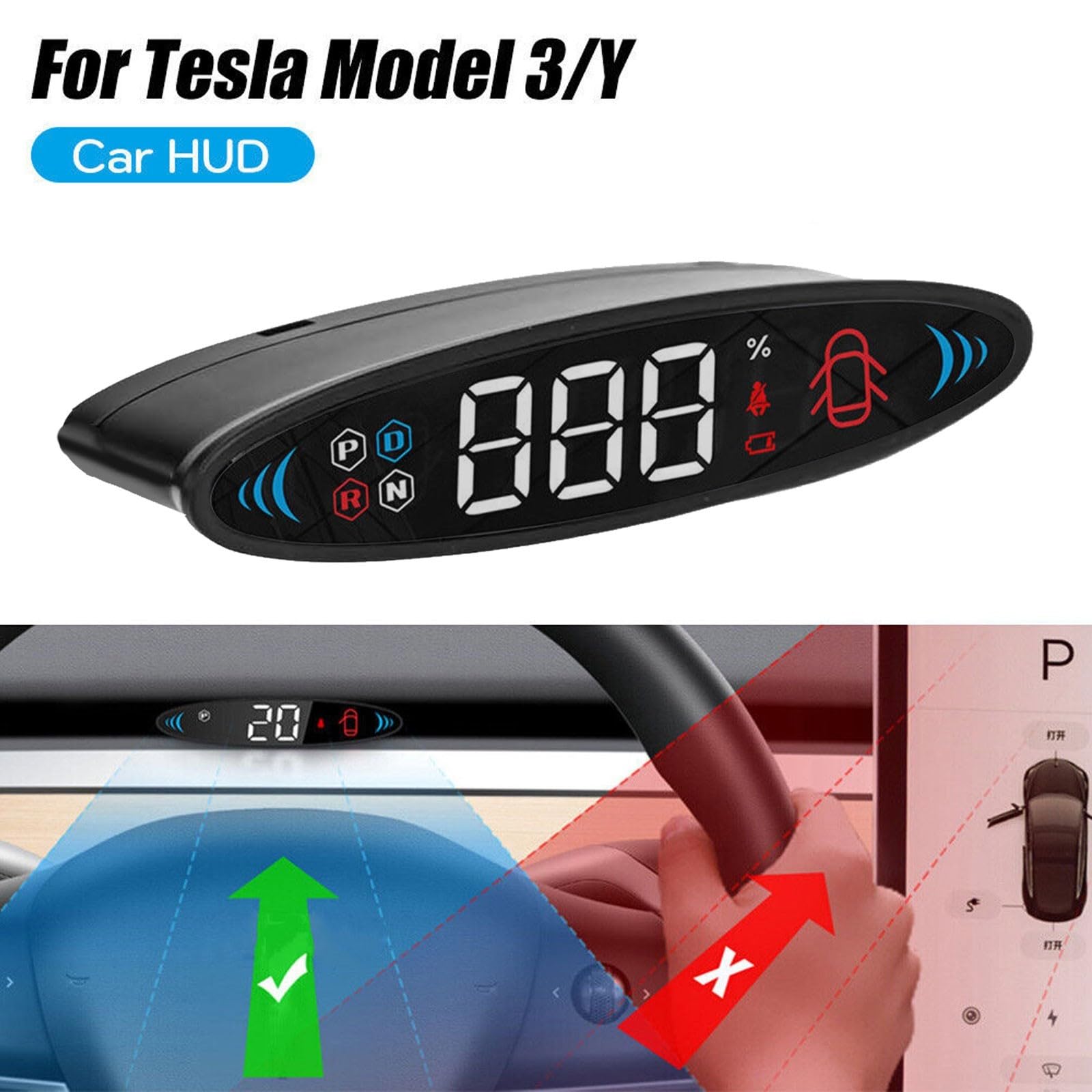 Écran tête haute pour Tesla Model 3 Y 2019 2023 avec vitesse réelle, clignotant et affichage de l'état de la batterie, installation facile sans perçage