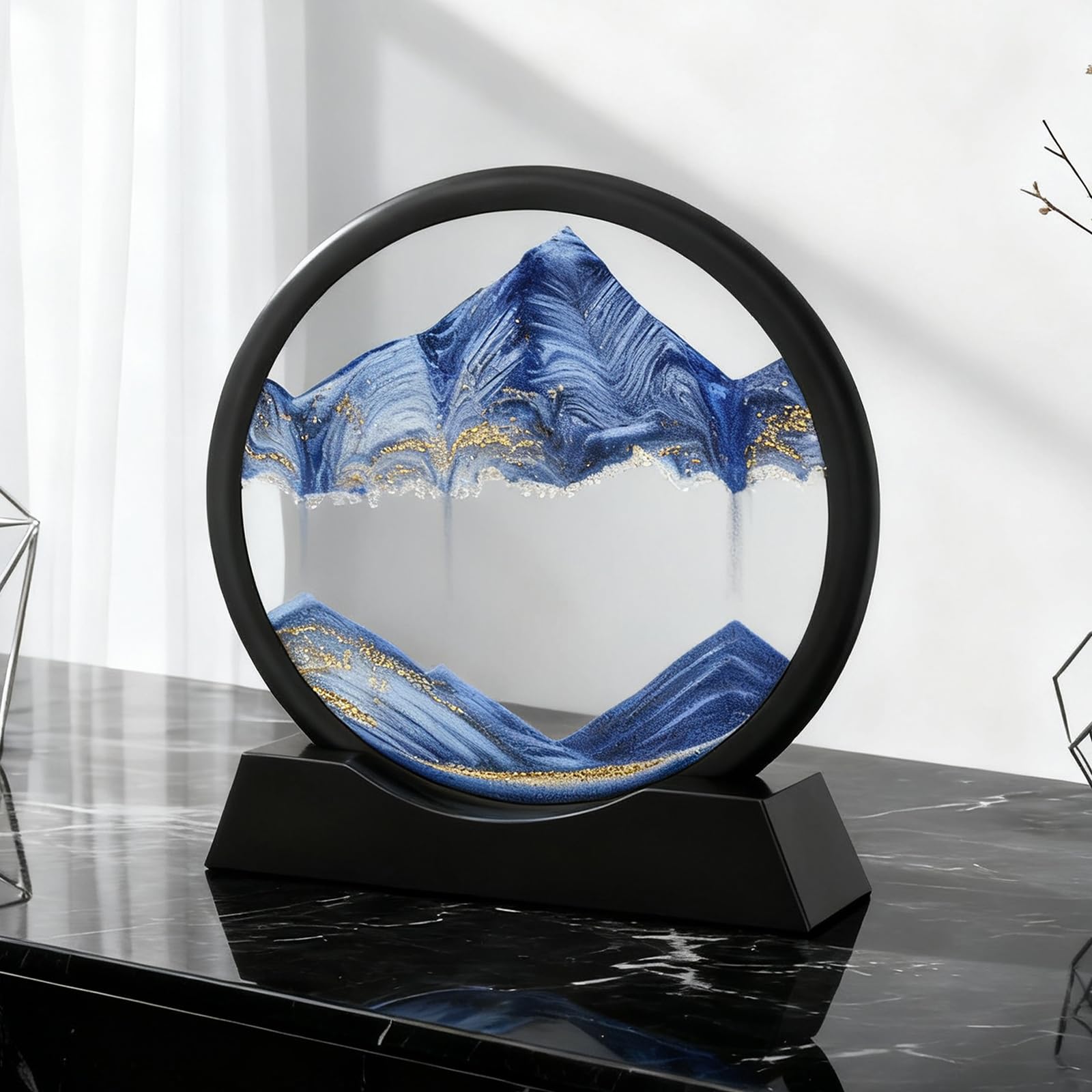 Wai Danie Moving Sand Art Picture 3D Hourglass Deep Sea Sandscape Liquid Motion Display Painting Flowing Sand Frame Relaxing Desktop Home Office Work Decor (Blue, 7 inches) 1