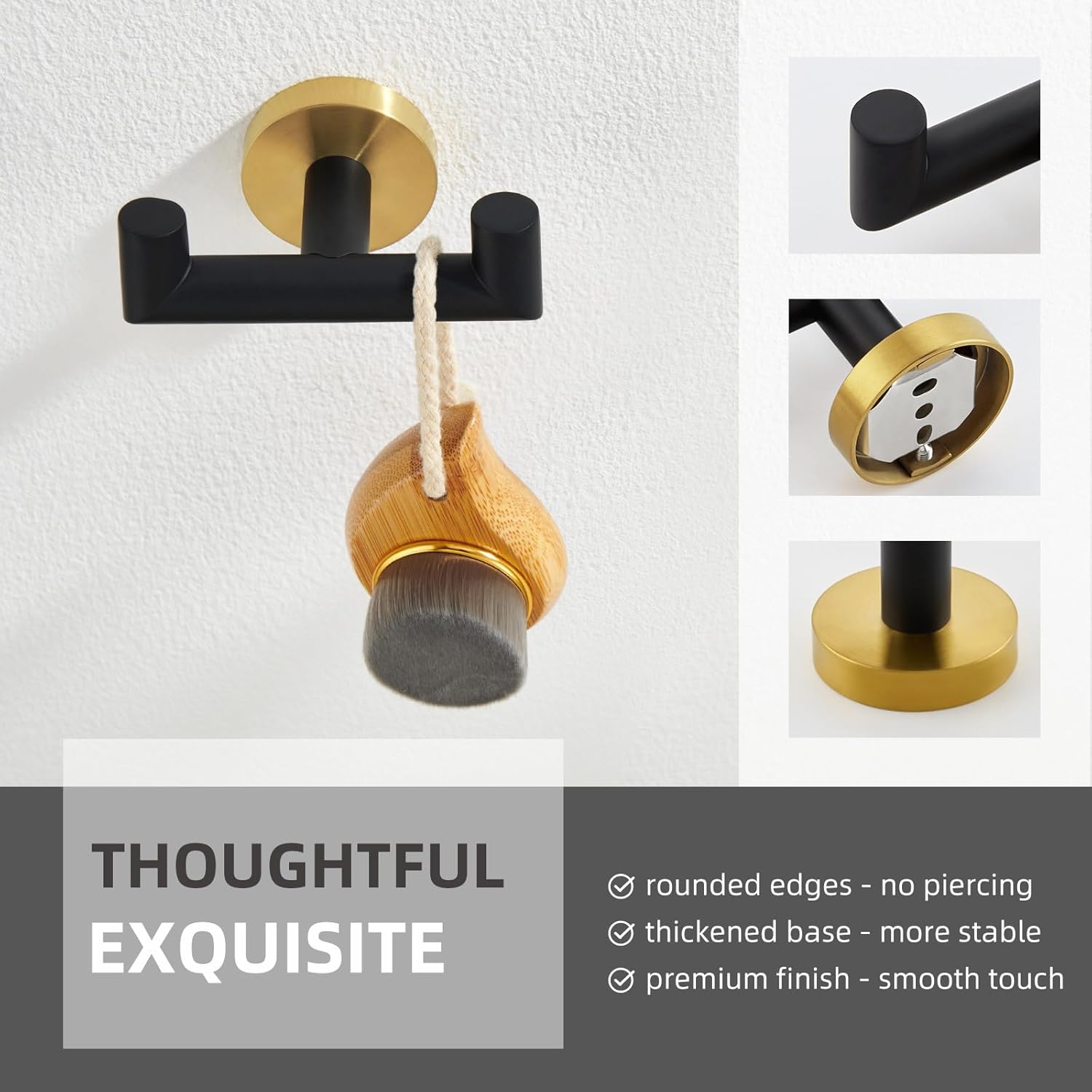 Angle Simple Single Towel Hook Bundle with Double Robe Hook, Toilet Paper Holder (Black & Gold)