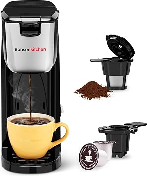 Bonsenkitchen 2-in-1 Single Serve Coffee Maker for K Cup & Ground Coffee, Fast Brewing 6-14oz,One Cup Coffee Machine with Travel Mug,Space-Saving for Home,Office,Dorm