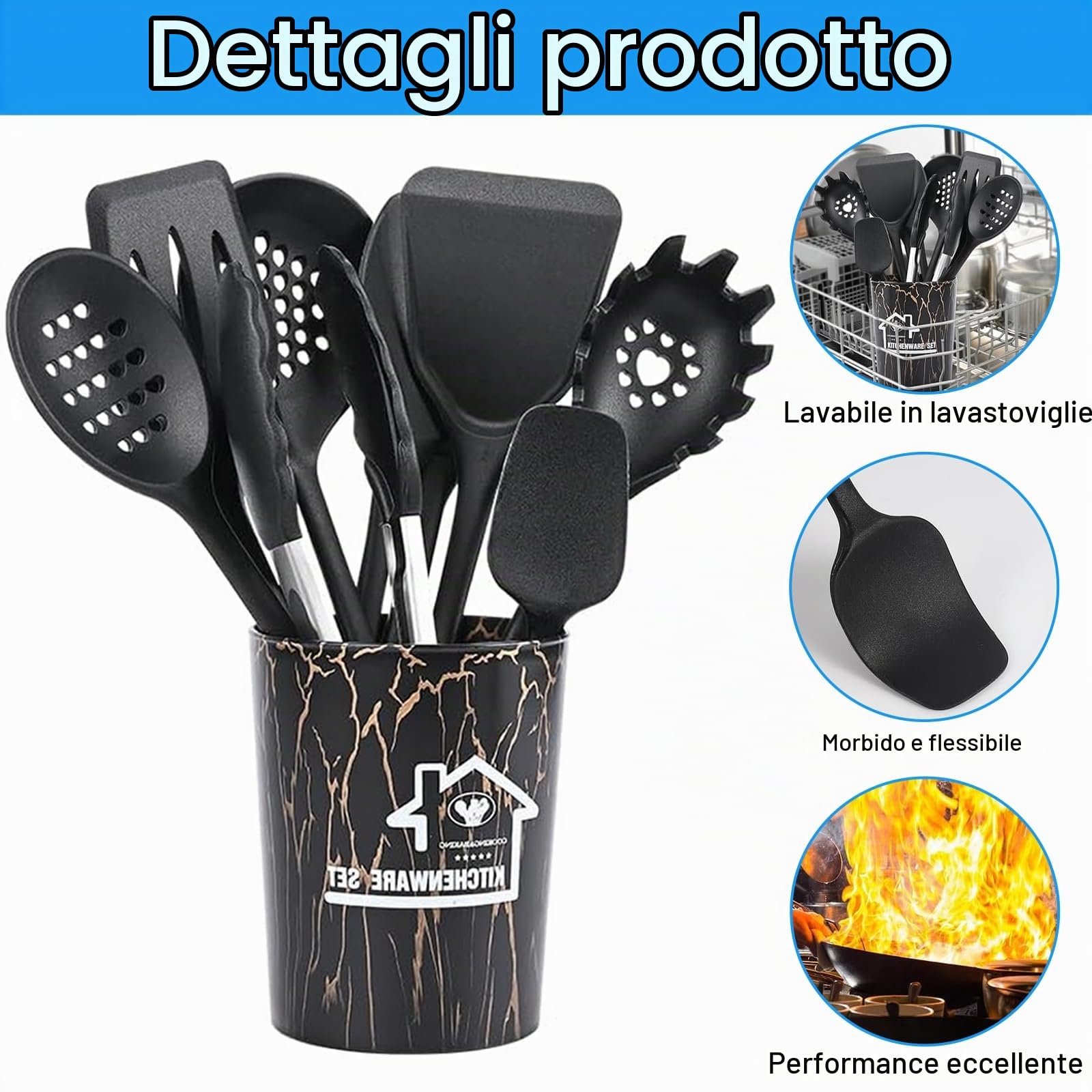 Binnan Utensili da Cucina in Silicone, 44 Pezzi Utensili da Cucina con Secchio Portaoggetti, Resistente al Calore Antiaderenti, Lavabile in Lavastoviglie (Nero)