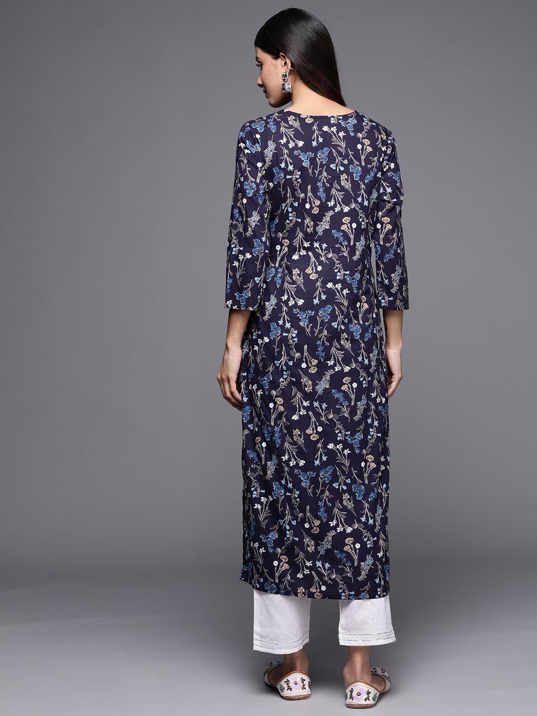 Varanga Womens Floral Printed Cotton Kurta With Navy Blue Color Best Fits For Office Wear, (Small)