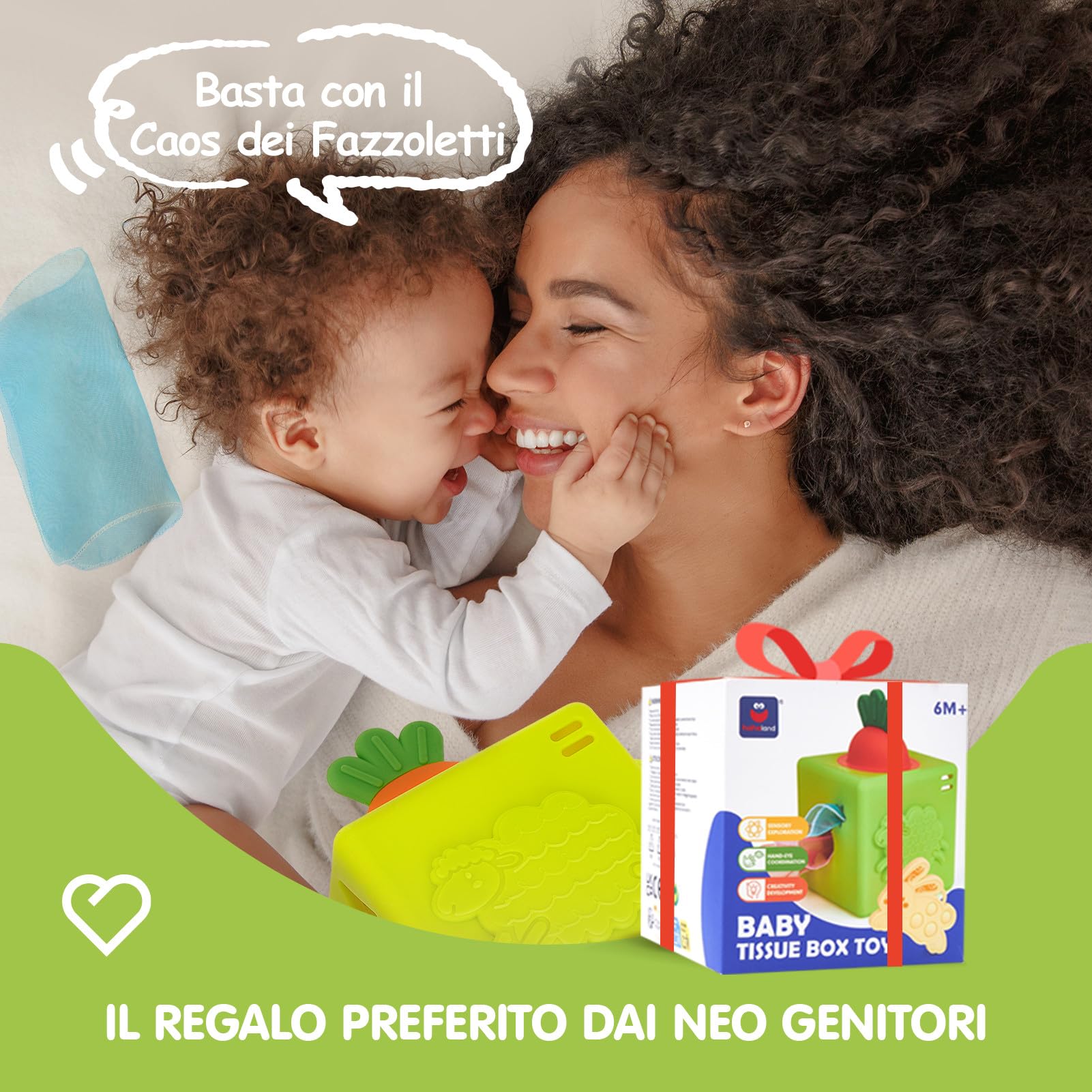 hahaland Giochi Neonato 6 Mesi, Scatola di Fazzoletti in Silicone Sensoriali Neonati Montessori, 6-in-1 Cubo attività con Trame e Specchio, Regalo Educativo Bimbo Bimba 6-12 Mesi