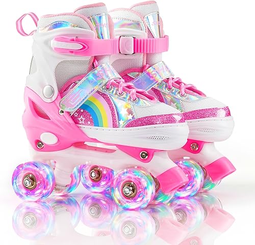 Miniatura 10 de Patines de ruedas para niñas para niños principiantes 4 tamaños ajustables, patines de ruedas iluminados con 8 ruedas para niñas, patines de ruedas