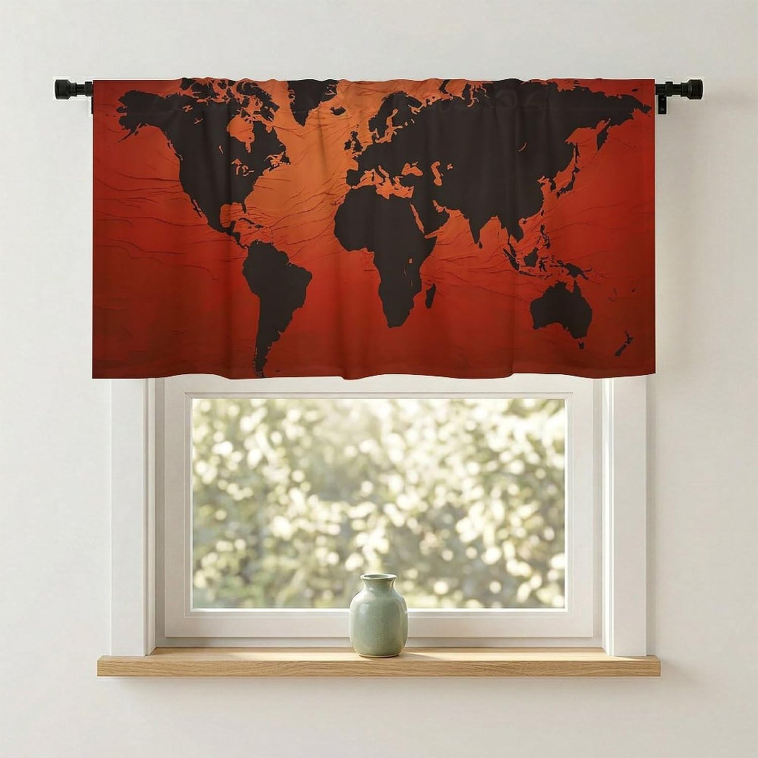 Valances for Windows Abstract Art Short Curtains Red and Brown World Map Kitchen Curtains Window Treatment Valance Rod Pocket Cafe Curtains for Kitchen Bedroom Bedroom Bathroom 132x61*1