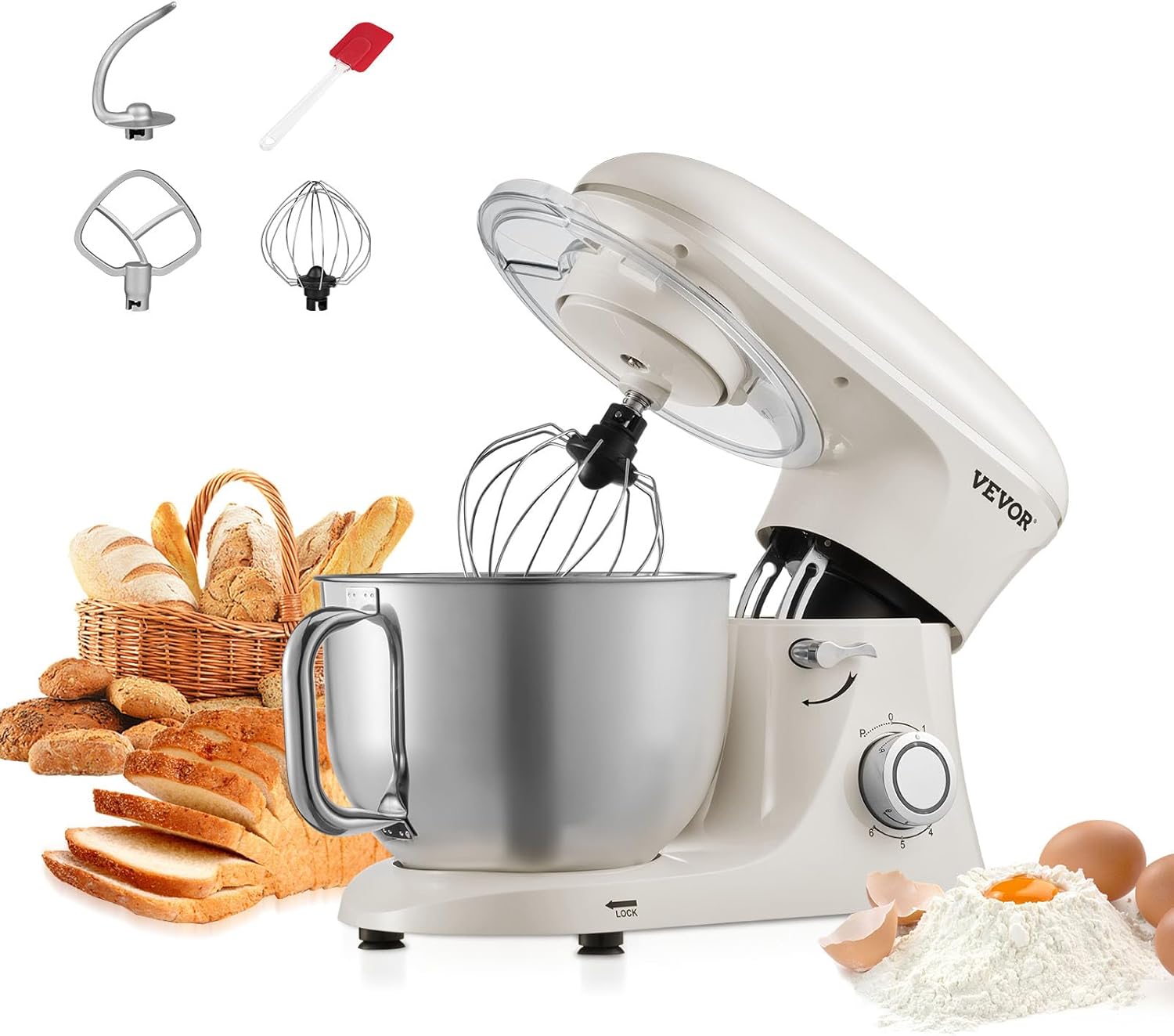 VEVOR Stand Mixer, 6 QT Dough Mixer, 660W 6 + P Speeds Tilt-head Food Mixer with Stainless Steel Bowl, Dough Hook, Wire Whip, Flat Beater, Scraper, Household Stand Mixer for Baking & Mixing, White