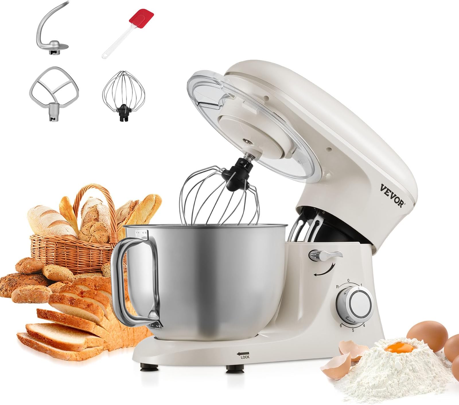 VEVOR Stand Mixer, 6 QT Dough Mixer, 660W 6 + P Speeds Tilt-head Food Mixer with Stainless Steel Bowl, Dough Hook, Wire Whip, Flat Beater, Scraper, Household Stand Mixer for Baking & Mixing, White