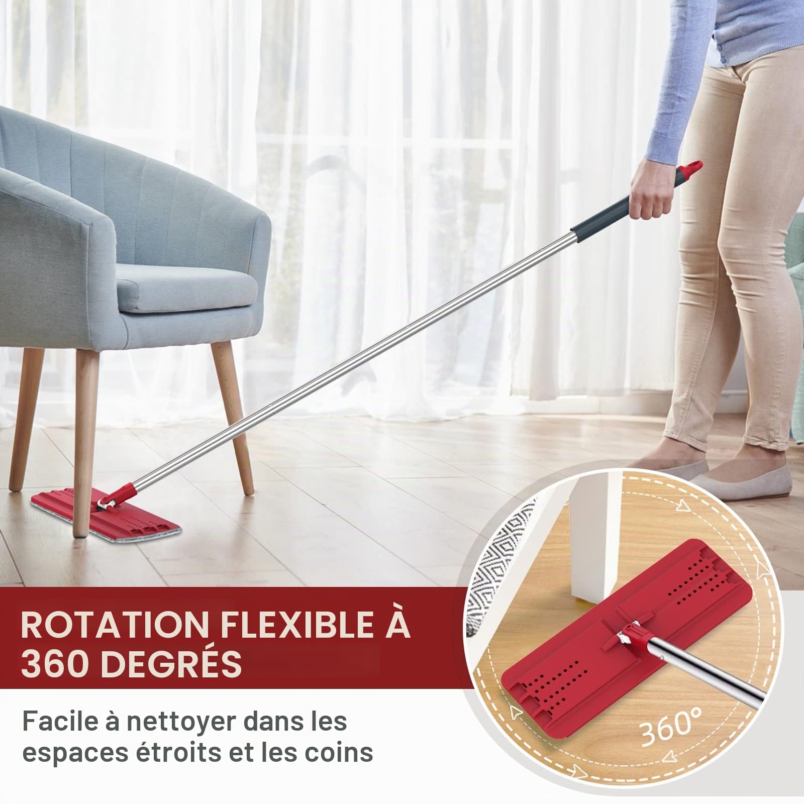 BOSHENG Ensemble Balai et Seau Mains Libres avec 3 tampons lavables, système de Nettoyage pour sols humides/secs, Rouge/Noir