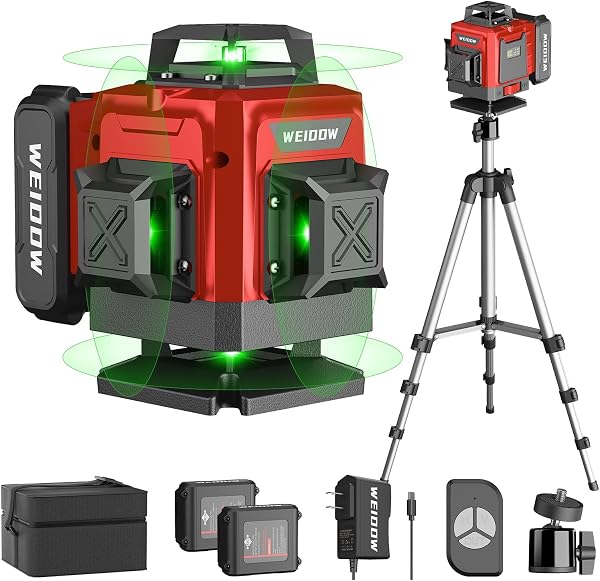weiddw Laser Level with Tripod, Self Leveling Laser Level 4x360ΓΒ°, Green Line Laser 4D Laser Leveler Tool with 2Pcs Lith