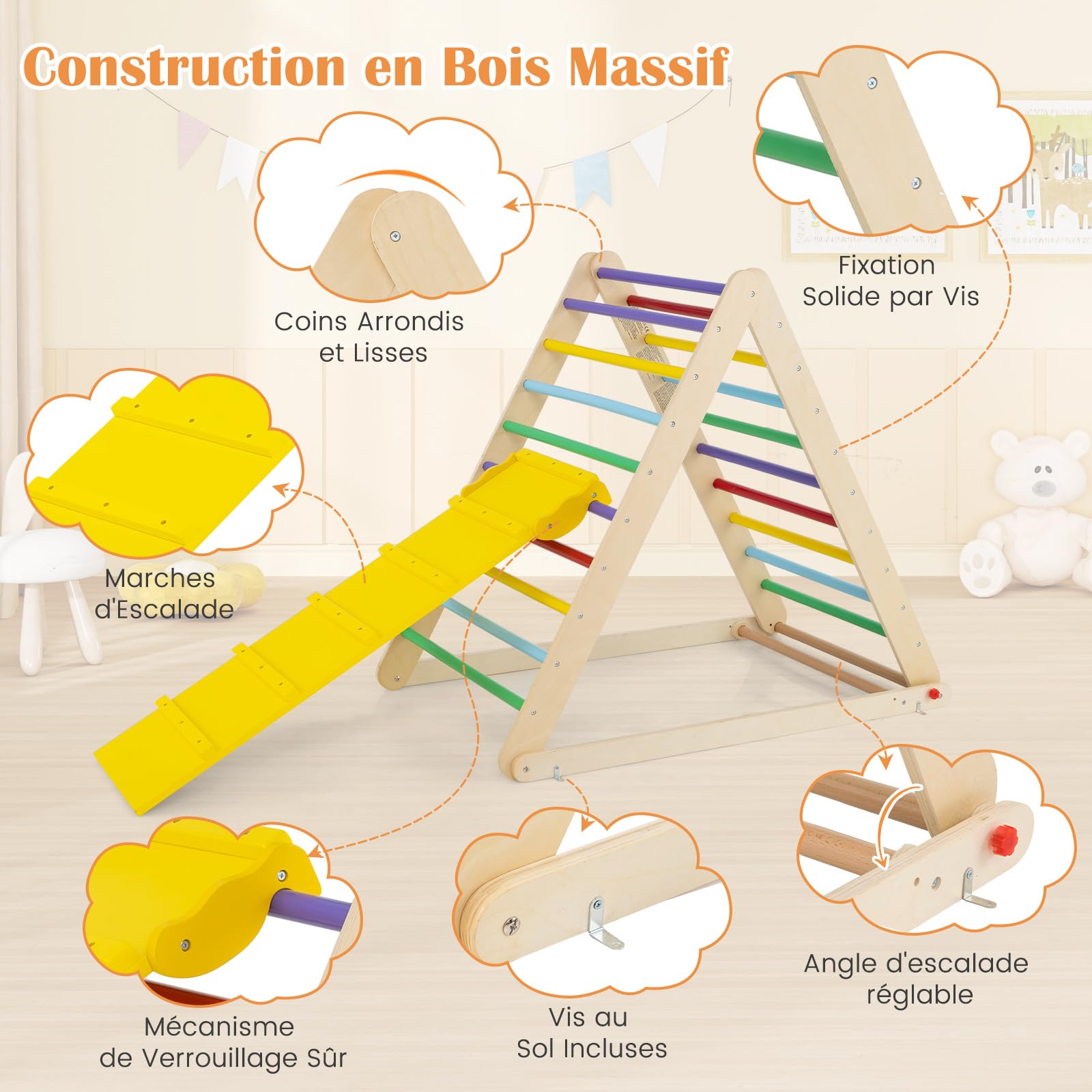 DREAMADE Echelle d’Escalade Triangle Pliable pour Enfants 3+ Ans, Mur d'escalade Pliant en Bois pour s'entraîner à Grimper et à saisir, 122x71x110 CM (Coloré)