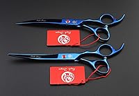 Vista 5 de Purple Dragon Juego de tijeras profesionales de 7.0 pulgadas, 4 piezas, para aseo de mascotas, acero de primera calidad, rectas, curvadas