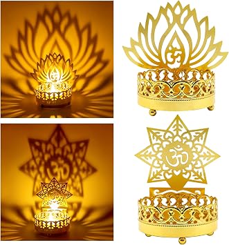 حامل شموع معدني OM Diwali Shadow Diyas Tea Light هدية عيد ميلاد وحفل زفاف بمناسبة الانتقال لمنزل جديد لعنصر Murti Puja الهندي ديكور مذبح معبد المكتب المنزلي ماندير بوجا