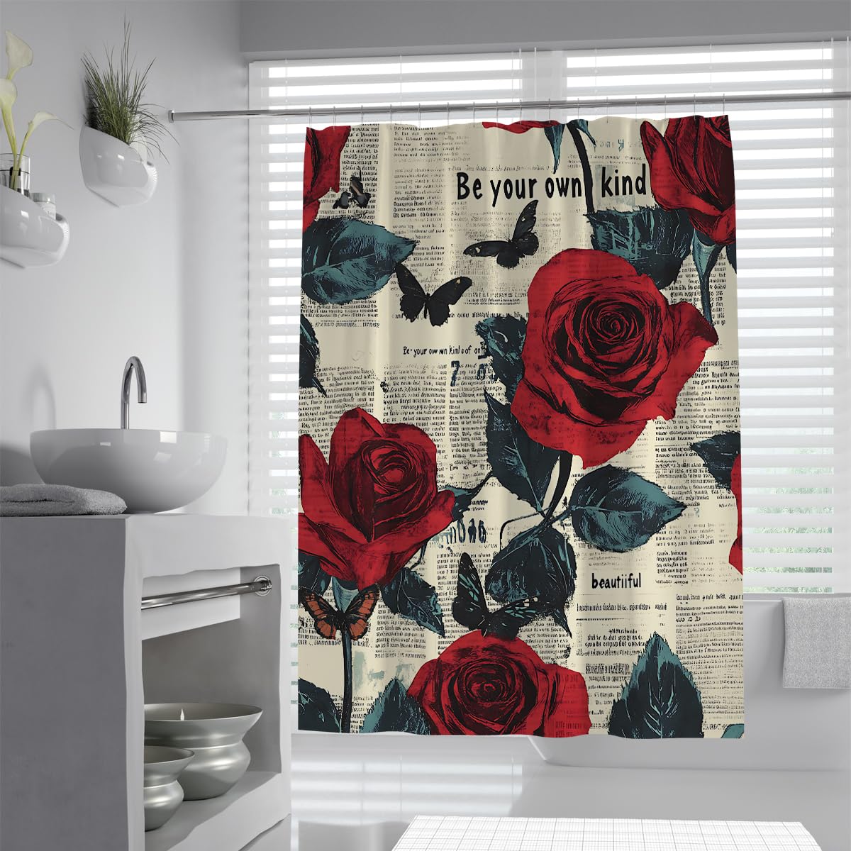 Rideau douche papillon noir anti-moisissure et séchage rapide en polyester 160x200