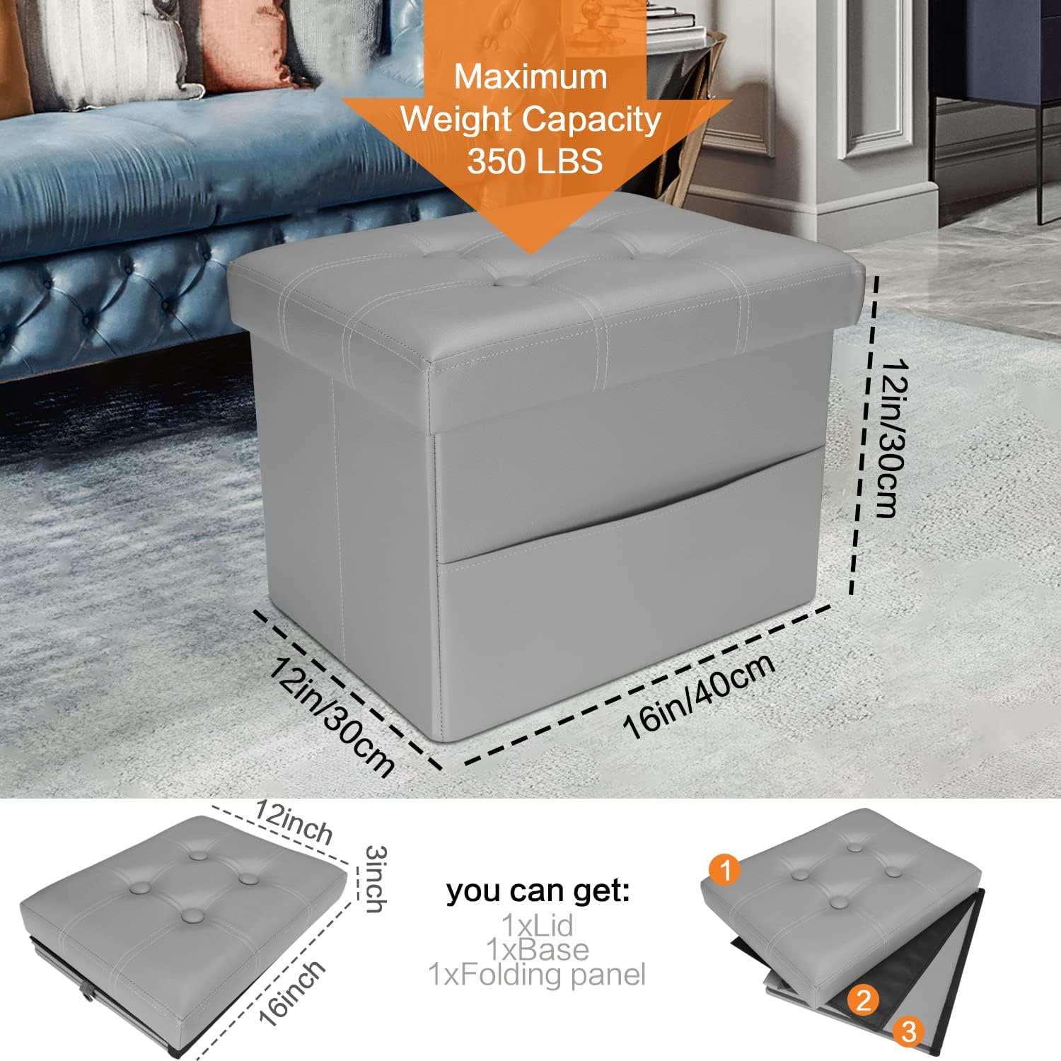 Folding Storage Ottoman Foot Rest Footstool with Side Pocket,Foot Rest for Couch, Leather Ottoman Seat for Living Room Bedroom 16X12X12in Grey